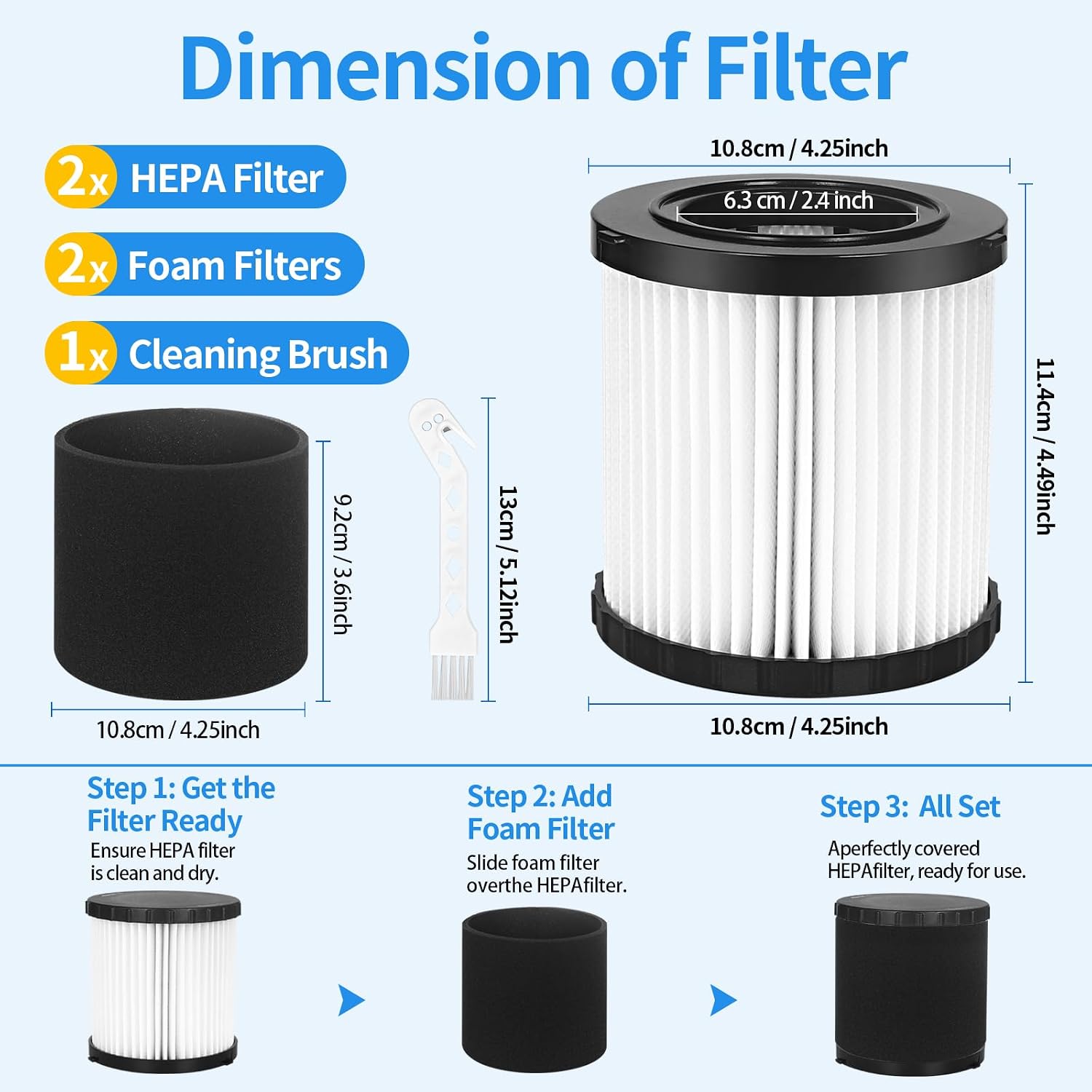 2 Pack DCV580H Vacuum Filter Replacement for DEWALT DCV580H DCV581H 20V MAX MAX Cordless and Corded Wet Dry Vacuum, with 2 Foam Sleeve and 1 Brush