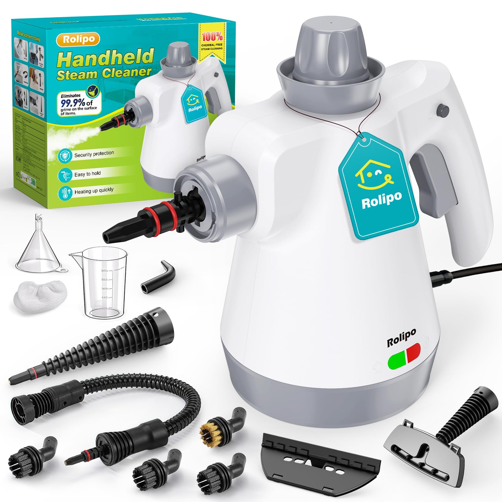 Rolipo Dampfreiniger Handgerät mit 12-Teiligem Zubehör, 1050W Steam Cleaner für Haushalt, Küche, Bad, Fenster, Polster & Auto–100% Chemiefrei, Hochdruck-Dampf gegen Schmutz Fett & Bakterien