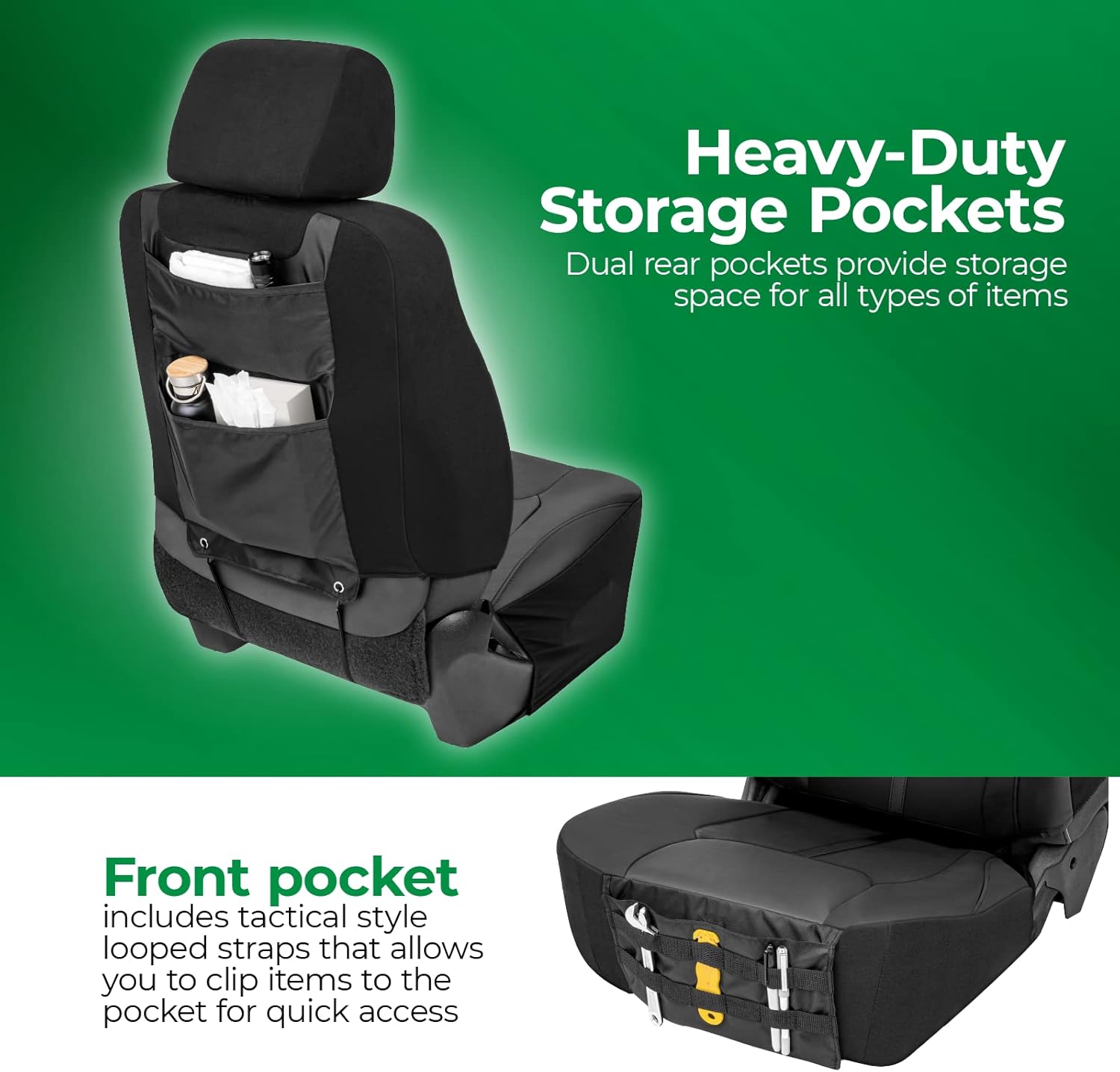 Season Guard Dakota Truck Seat Covers; Universal Fit for Large or SUV; Heavy Duty Design; Front and Rear Storage Pockets, Built-in Molle Style Organizer; Semi-Custom Fit; Faux Leather; 2pcs, Black