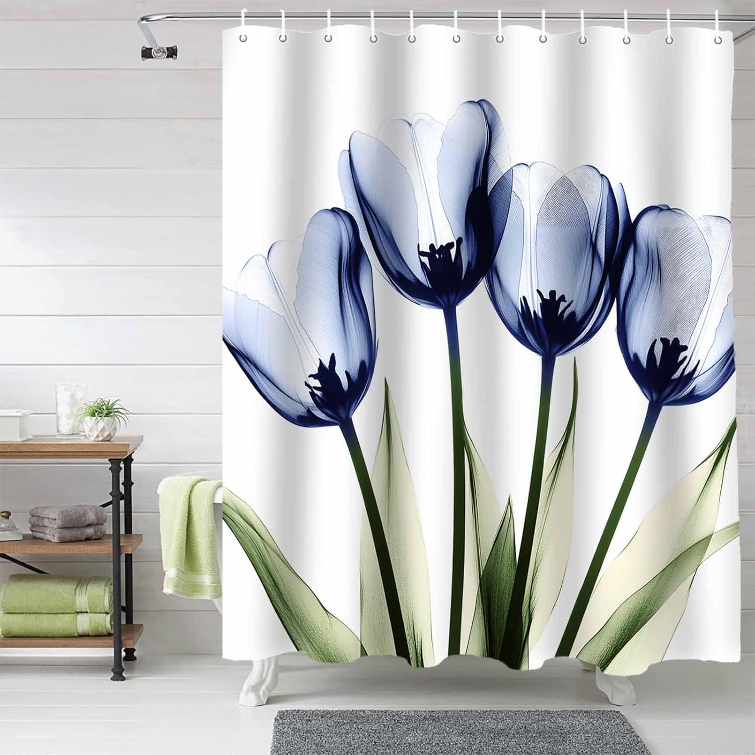 Blue Tulip Floral Shower Curtain Watercolor Flowers Modern Bathroom Curtain with Hooks Waterproof Fabric Bath Curtains Set 72x72 inch