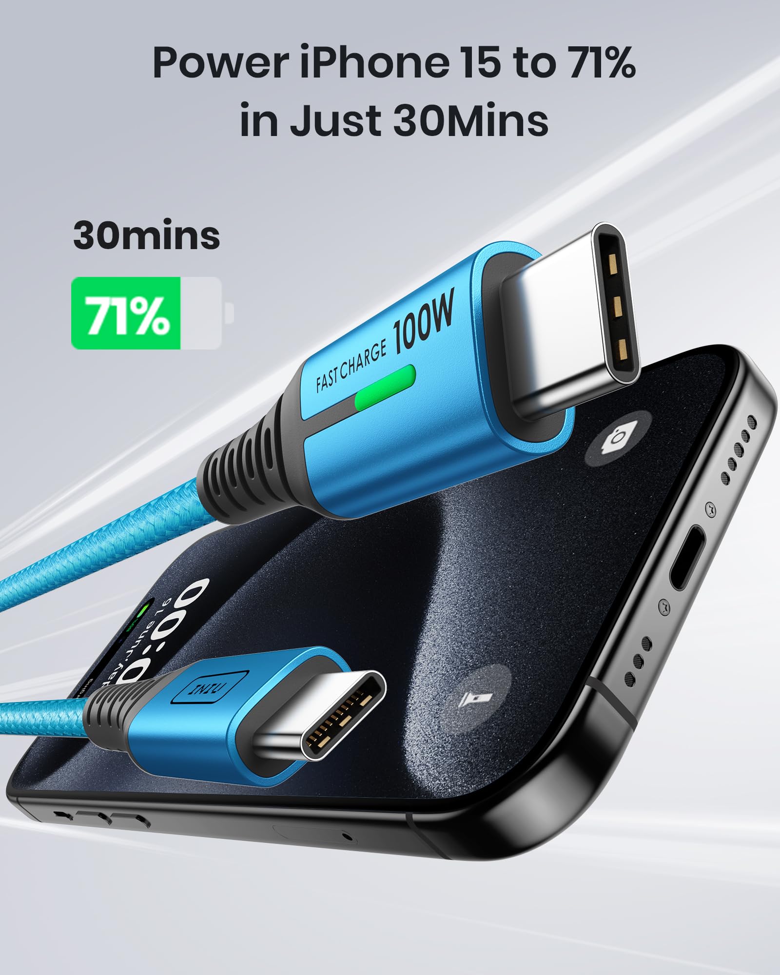 INIU Cavo da USB-A a USB-C, in nylon, per ricarica rapida, trasferimento dati, per iPhone 16, 15, Samsung S22, S21, Note 10, Google Pixel 7, iPad Pro, Huawei, Xiaomi, ecc., 2 m, colore blu