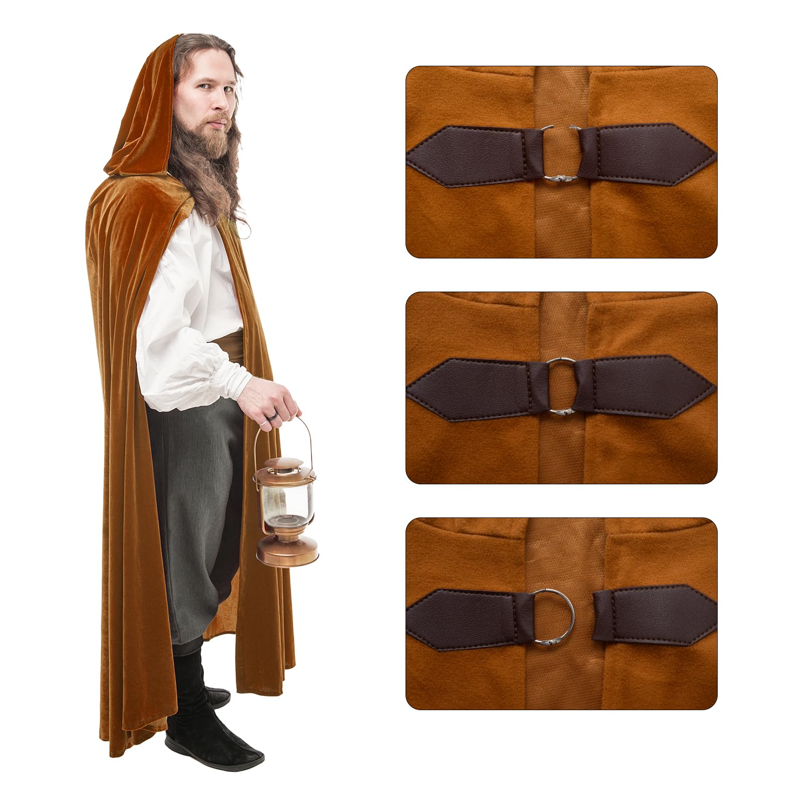 CNVAUIE Renaissance Snapback Hooded Coat Medieval Costumes Men's Witch Halloween Costumes Hooded Coat (Brown Set) - Image 4
