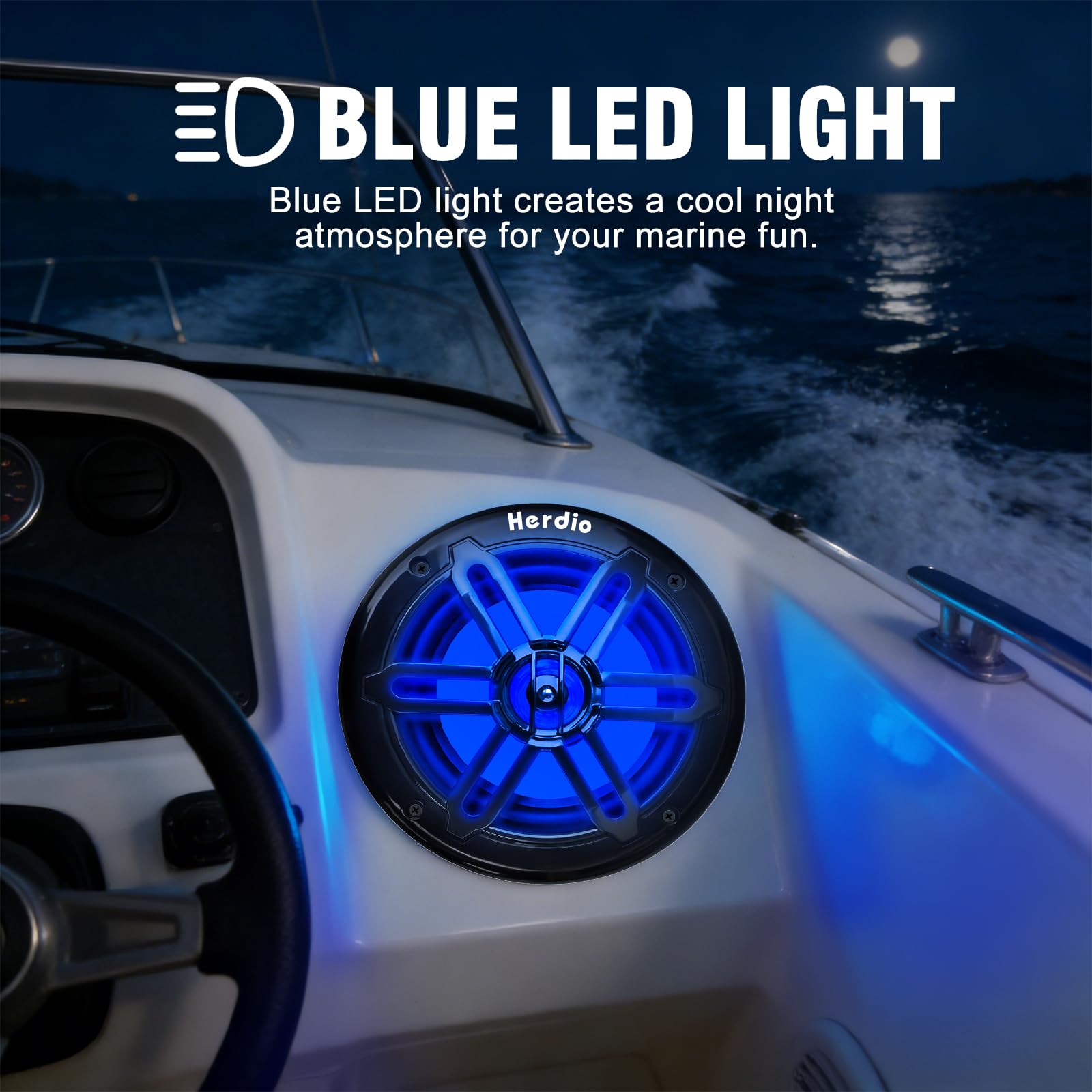 Herdio 5.25" 250W Marine Speakers - IP66 Waterproof Coaxial Audio, with Blue LED Light for Boats, ATVs, UTVs with UV Resistant Black Grille (A Pair)