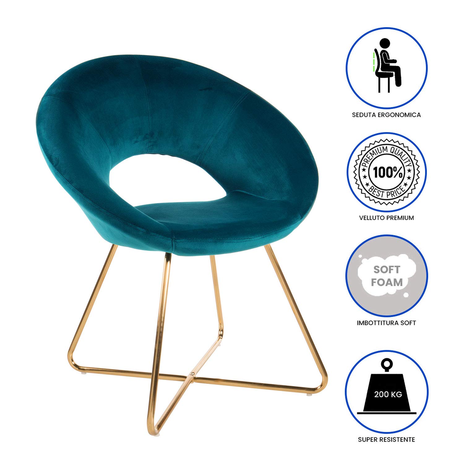 MONTEMAGGI Baroni Home Poltrona Imbottita circolare in velluto Blu Petrolio con gambe in ferro dorato. Poltrona da ufficio o da pranzo Super Confortevole e Seduta Ergonomica 71x59x84 Cm