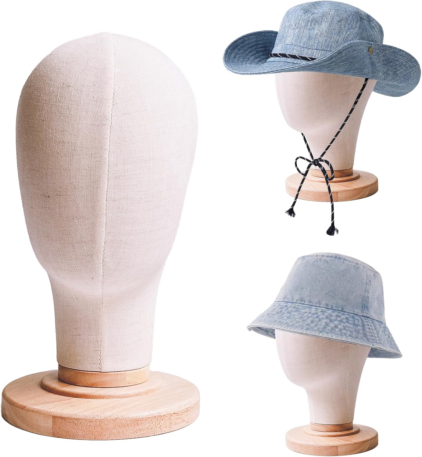 CHADWICK Wig Head Stand 21 Inch Mannequin Head Hat Display Stand Linen Wig Holder, Wig Display Model Fabric Head Wig Stand for Wigs, Hats, Caps, Headdress, Canvas Dome + Detachable Wood Stand