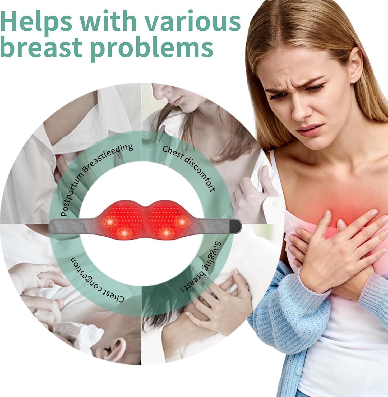 Breast Massager Heating Pad, Red Light Therapy Belt for Breast Pain Relief, Adjustable Strap for Comfort, Breast Heating Pad with 3 Vibration and Heat Settings with AC Adapter