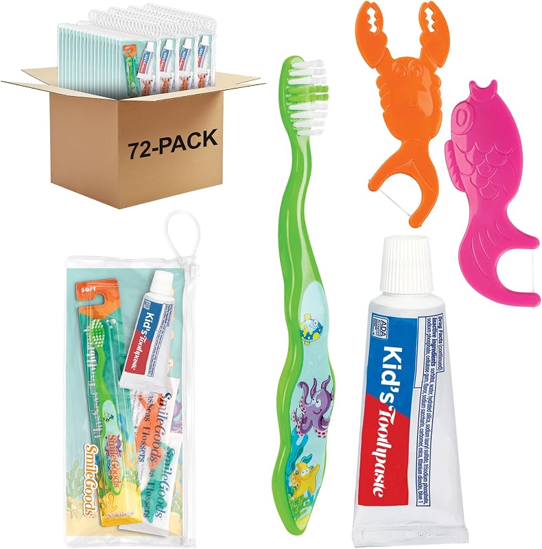 Practicon SmileGoods Kit de cuidado dental para niños FlosSeas con cepillo de dientes FlosSeas, pasta de dientes y hilo dental FlosSeas, paquete de 72