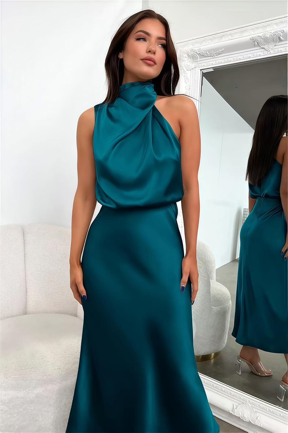 Mettclasi Women's Spring Summer Satin Sleeveless Halter Maxi Dress Elegant Formal Mock Neck Cocktail Party Evening Dress - Image 4