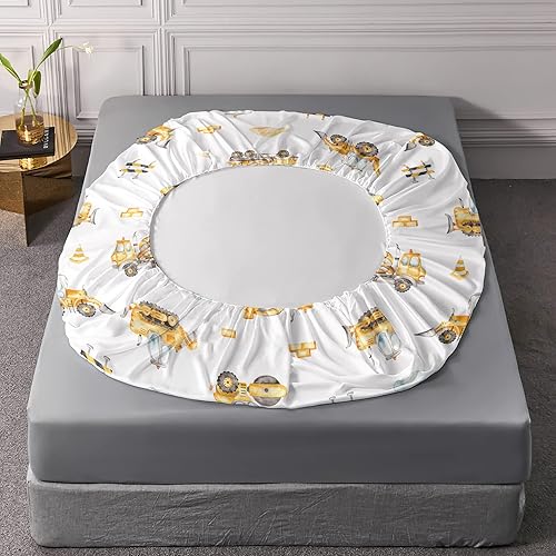 Miniatura 5 de BailiPromise Juego de sábanas de coche de dibujos animados para niños, juego de ropa de cama de vehículos de construcción amarillos para