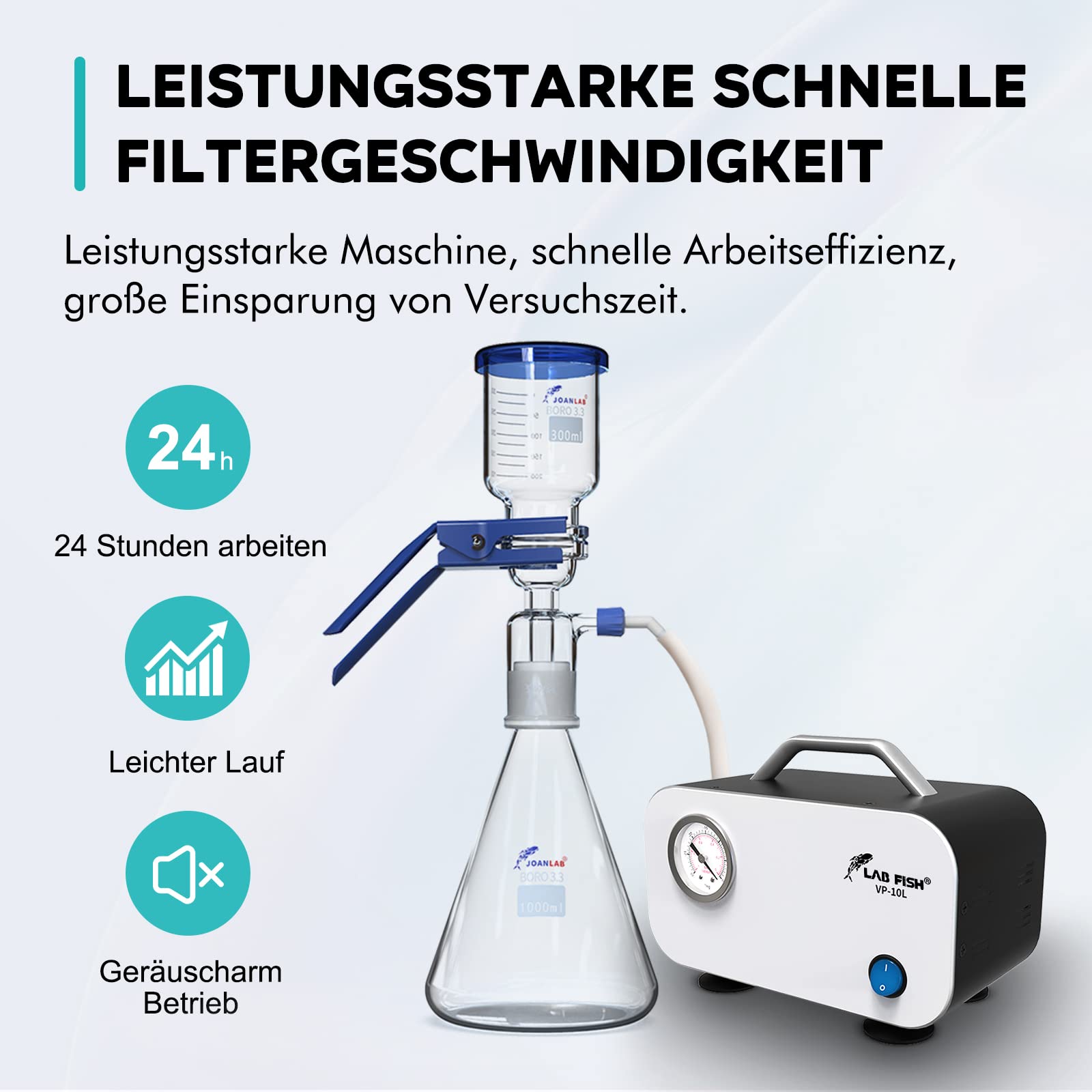LAB FISH Ölfreie Membran-Vakuumpumpe Tragbar, 10L/min 0,075Mpa Laborpumpe mit Gummischlauch