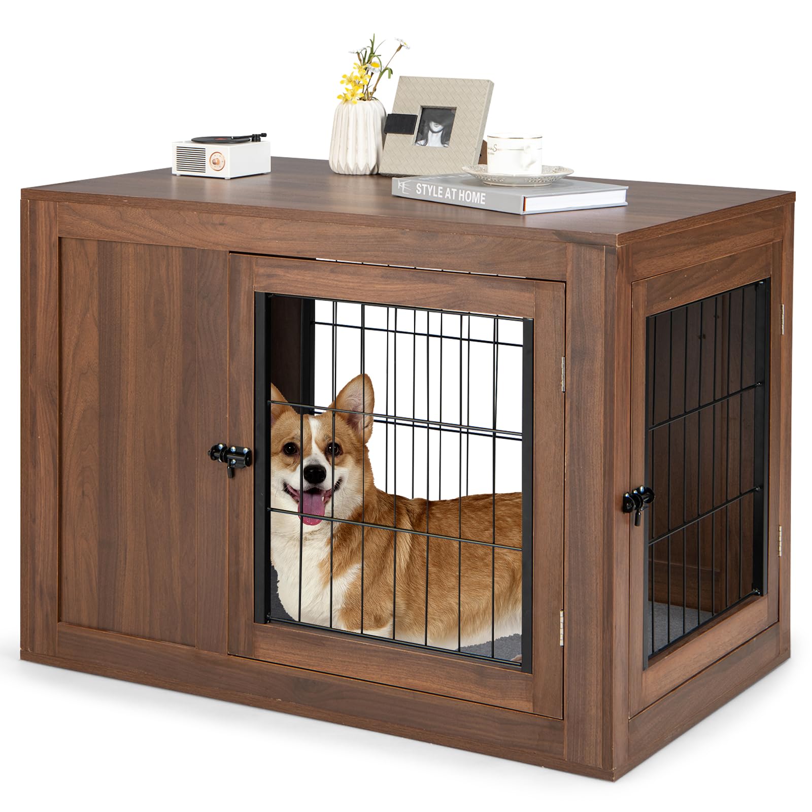 GOPLUS Hondenkooi van hout, modern hondenhok met zacht hondenbed en 2 afsluitbare metalen deuren, stabiele dierenkooi met groot tafelblad, voor kleine en middelgrote honden, 92 x 59 x 66,5 cm GOPLUS Hondenkooi van hout, modern hondenhok met zacht hondenbed en 2 afsluitbare metalen deuren, stabiele dierenkooi met groot tafelblad, voor kleine en middelgrote honden, 92 x 59 x 66,5 cm