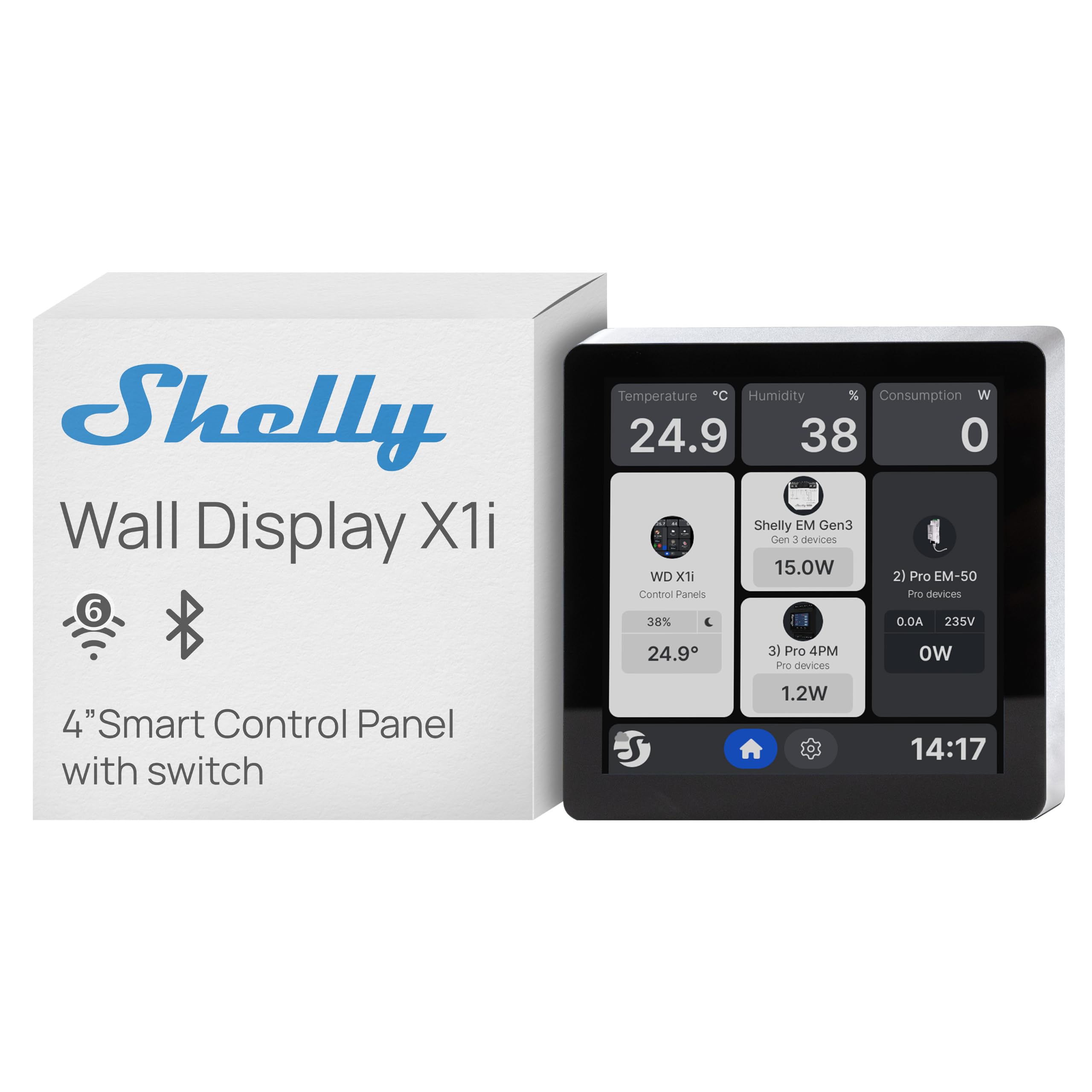 Shelly Wall Display X1i Argenté – Panneau de contrôle Domotique 4", Wi-Fi 6 Dual Band et Bluetooth, Relais 5A, CPU Quad-core, Capteurs lumière, Proximité et gestes, Compatible Home Assistant, Appli