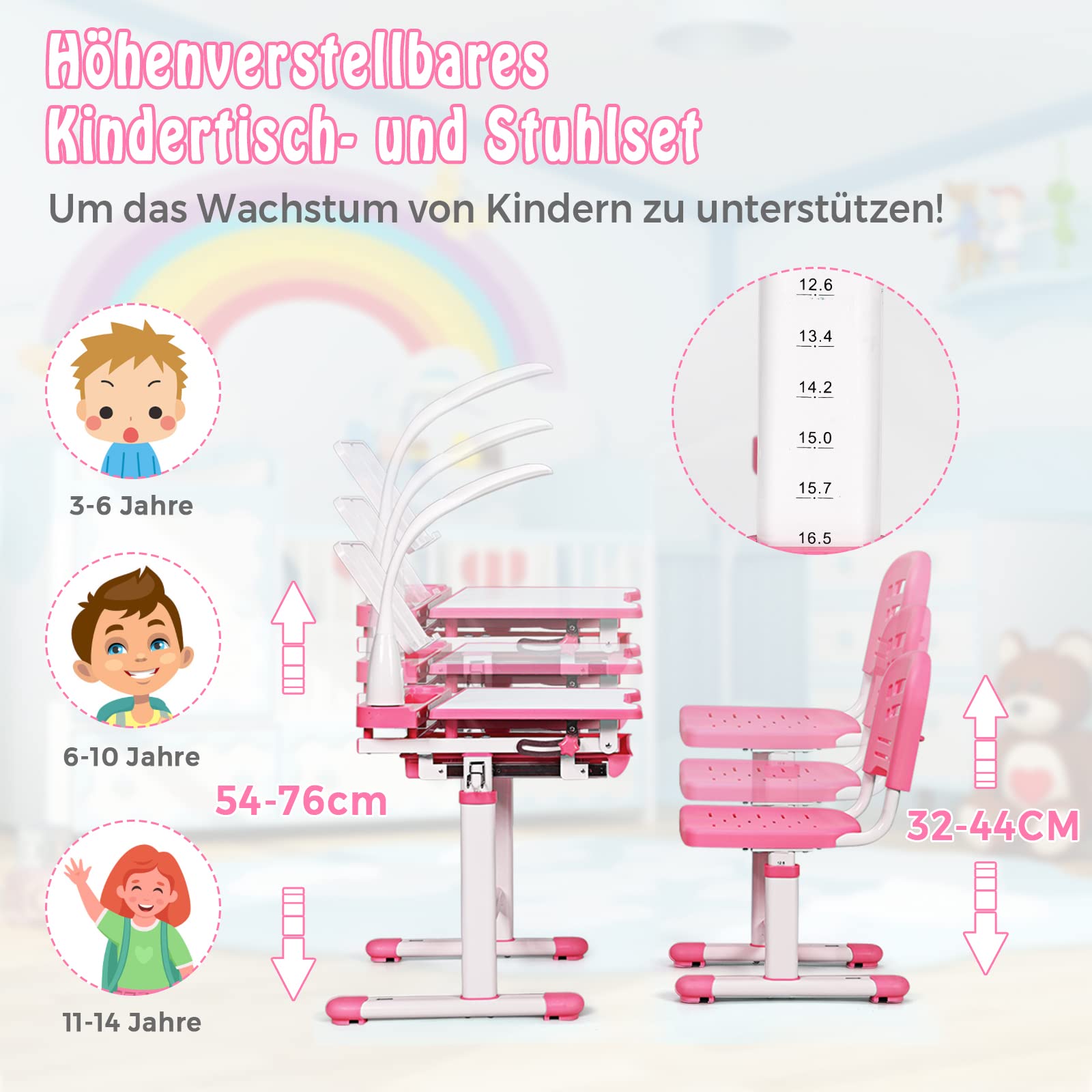 RELAX4LIFE Höhenverstellbarer Kinderschreibtisch mit Stuhl, Schülerschreibtisch mit Augenschutzlampe, Schreibtischset mit Verstellbarer Rückenlehne, Kindertisch mit kippbarer Tischplatte (Rosa)