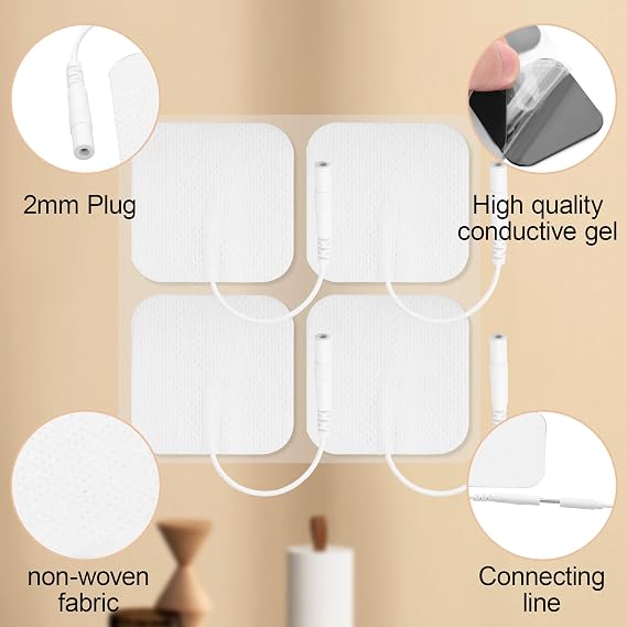 2Pcs TENS Unit Cables 2.35mm Plug to 2mm Pin Lead Wires and 4Pcs 2x2 Reusable TENS Electrode Pads,for TENS/EMS Units