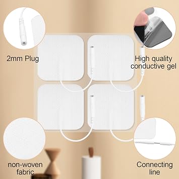 2Pcs TENS Unit Cables 2.35mm Plug to 2mm Pin Lead Wires and 4Pcs 2x2 Reusable TENS Electrode Pads,for TENS/EMS Units