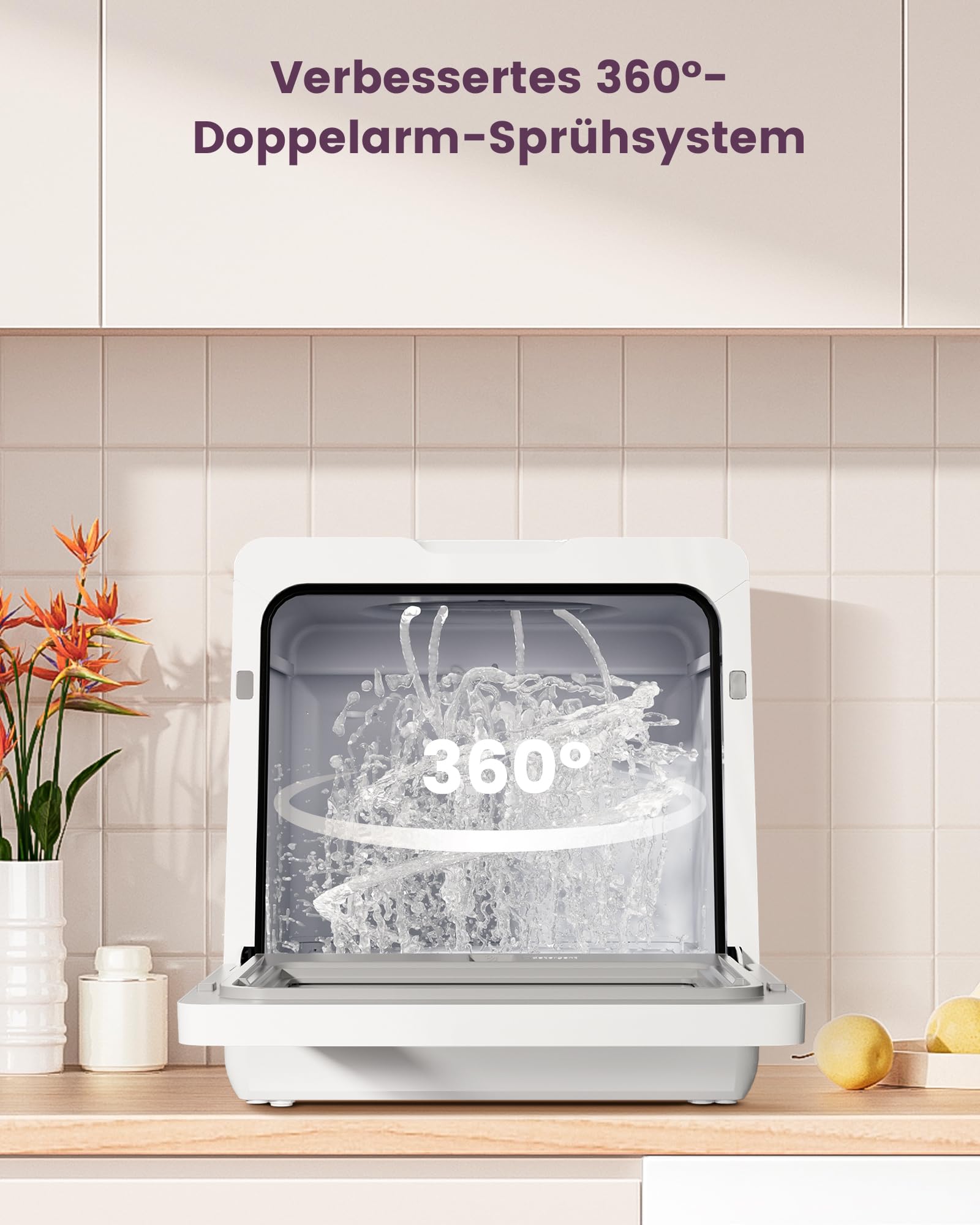 HAVA Tischgeschirrspüler mit Wasserenthärter, 8 Programmen, Kindersicherung, verzögerter Start, keine Installation erforderlich - Zarter Flieder
