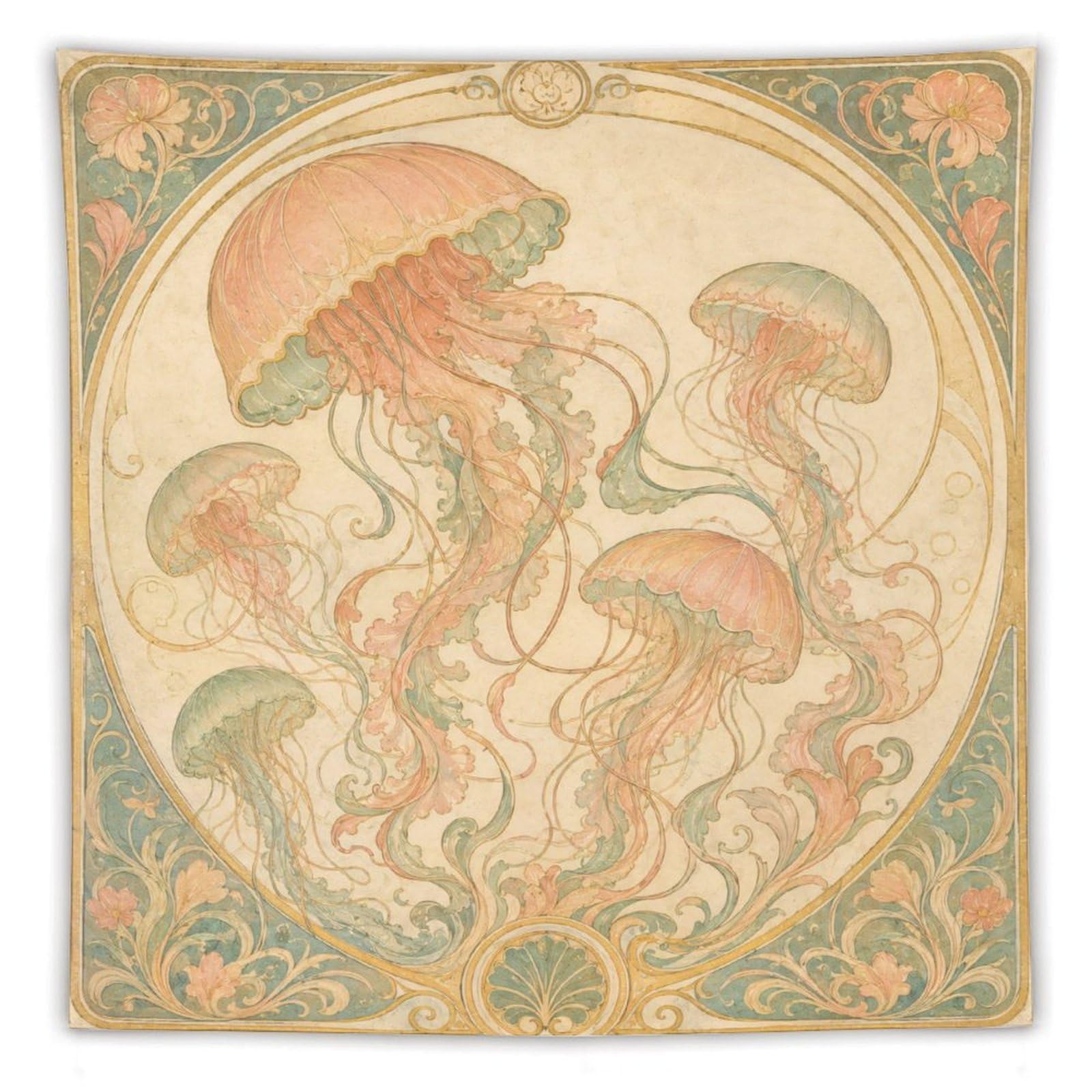 W7C8U2X3 Pink Jellyfish Wall Tapestry, Art Nouveau Style, Living Room