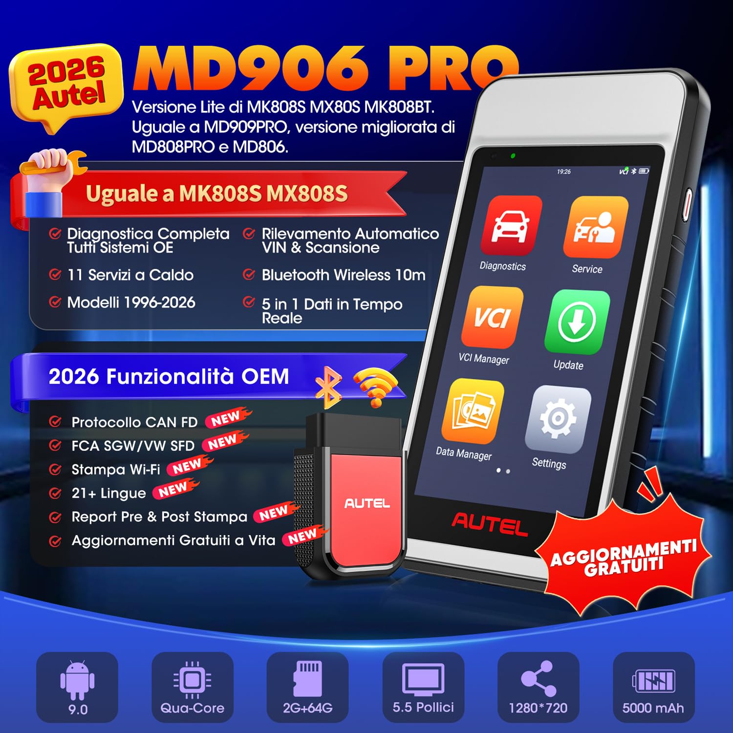 Autel MaxiDIAG MD906 PRO Diagnosi Auto, Scanner OBD2 per Sistemi Completi MD906PRO 2026, Bluetooth Lite di MaxiCOM MK808S MX808S, Uguale a MD909 PRO, CAN FD, 11 Servizi, Nessun Costo Abbonamento