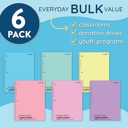 Miniatura 2 de Blue Summit - Cuaderno de espiral pastel con rayas universitarias, cuadernos escolares de una materia, cuadernos perforados a granel, libro escolar