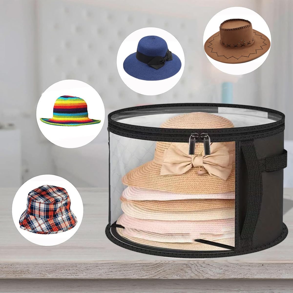 LITAITAI Large Hat Storage Box for Men & Women Storage, Lightweight Cowboy Hat Travel Case, Stackable & Collapsible, Space Saver Hat Organizer for Closet (Black-2PCS)