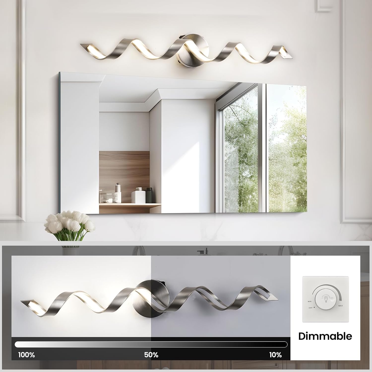 LED Modern Bathroom Vanity Light Fixtures, 31 inch Brushed Nickel Wall Lamp Bedroom 4000K, Spiral Design Wall Sconce for Mirror, Living Room, Bedroom, Hallway 20W