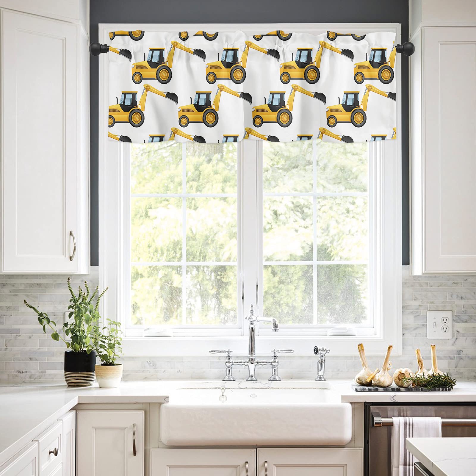 Construction Truck Short Rod Pocket Window Curtains for Bedroom, Half Window Tier Polyester Drapes 54x18inch Curtain for Kitchen, 1 Panel - Excavator Cartoon Yellow Children's Kids Machinery