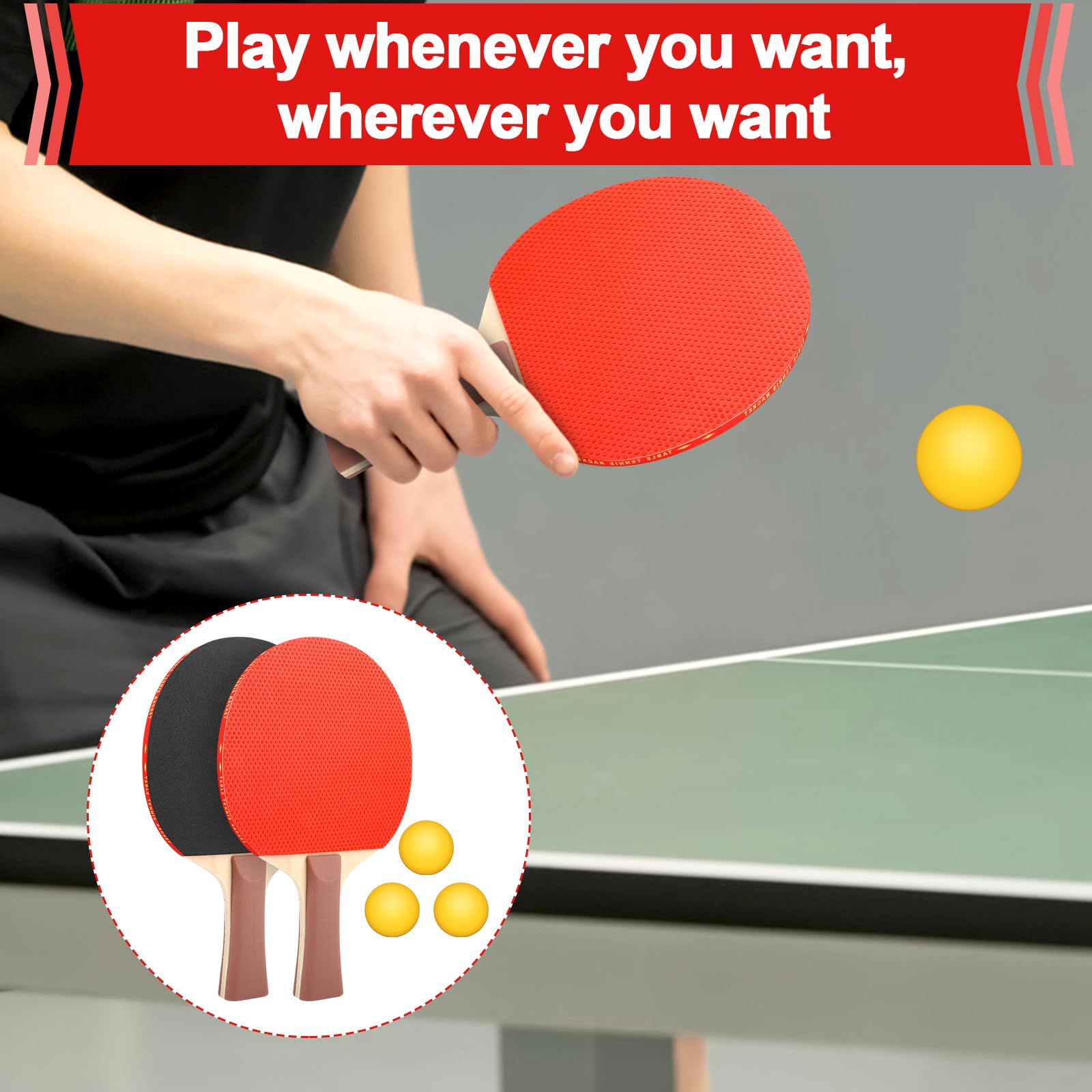 Set di racchette da ping pong professionale, rete da tavolo con rete per bambini, 2 racchette da ping pong + rete retrattile, 3 palline da ping pong, 1 borsa a rete