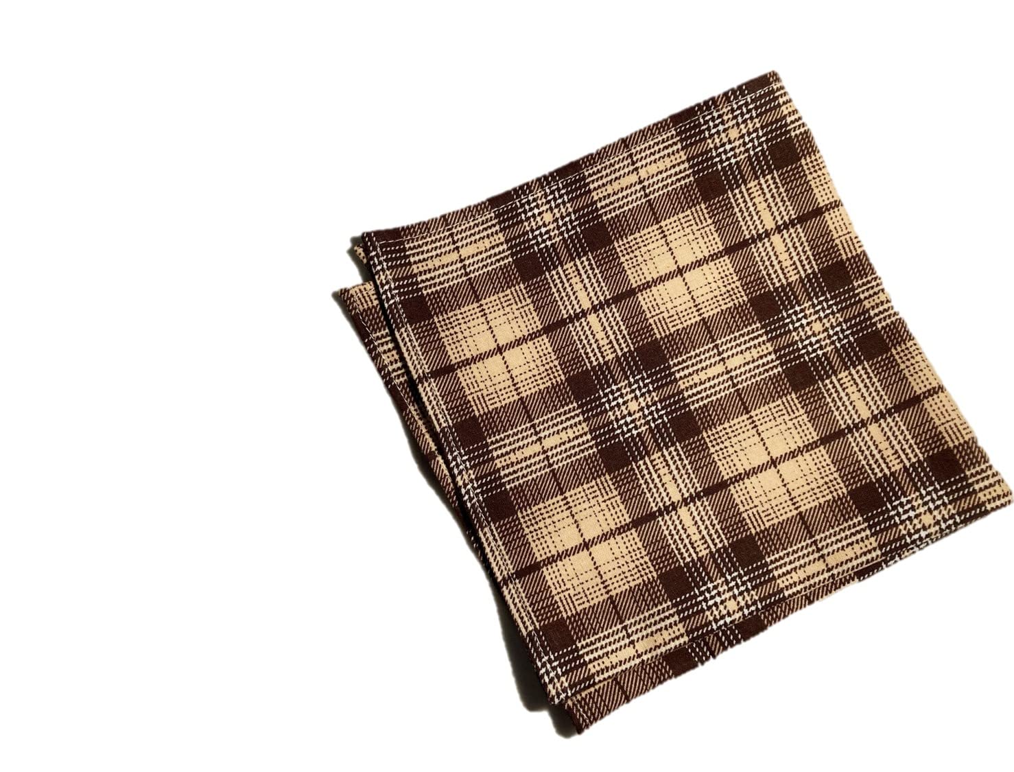 Franco - Set of Cotton Plaid Print Handkerchiefs aka Small Napkins - 12 inch Pocket Squares - Quality Soft 100% Cotton - Blrown with Beige - Homemade in Texas USA (Set of 12)