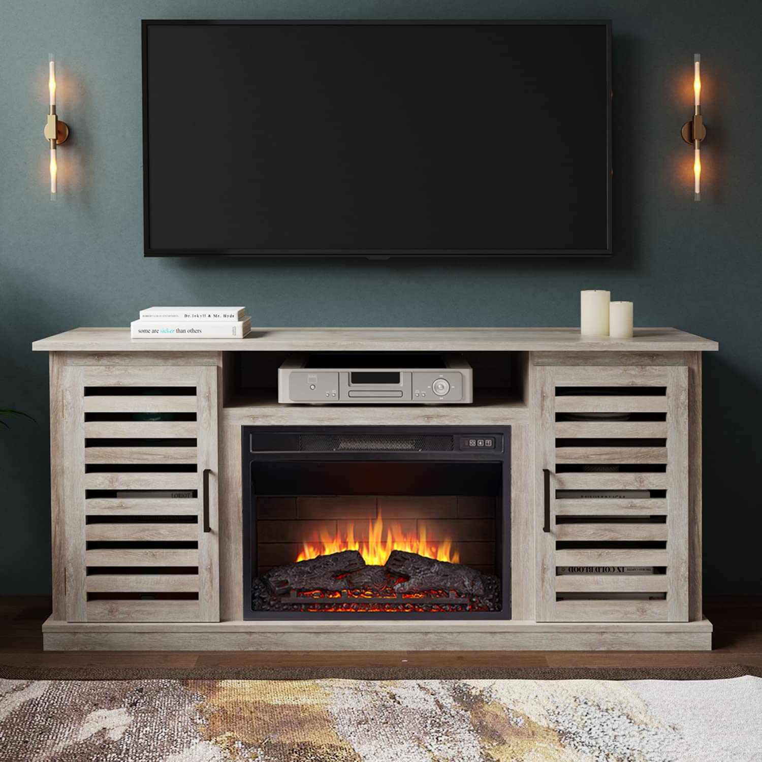 Amazon.com: Cheerway 3D Fireplace TV Stand for TVs up to 80'', Wooden Media Entertainment  Center Table u0026 TV Cabinets w/ 6 Storage Shelves u0026 Barn Door, Electric  Fireplace w/Remote Control u0026 Adjustable
