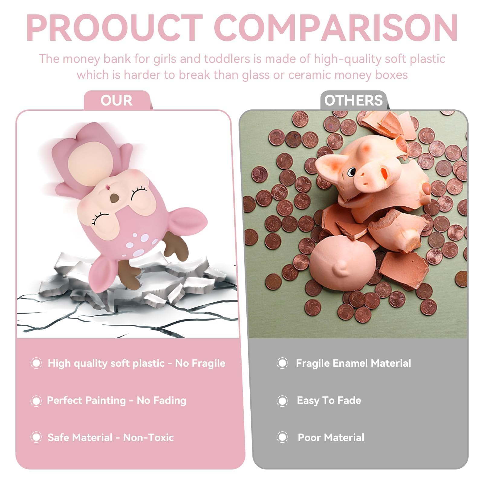 H&W Salvadanaio Infrangibile A Forma Di Cervo, Rosa, In PVC Morbido Per Bambine, Con Tappo A Vite, Regalo Compleanno - 4