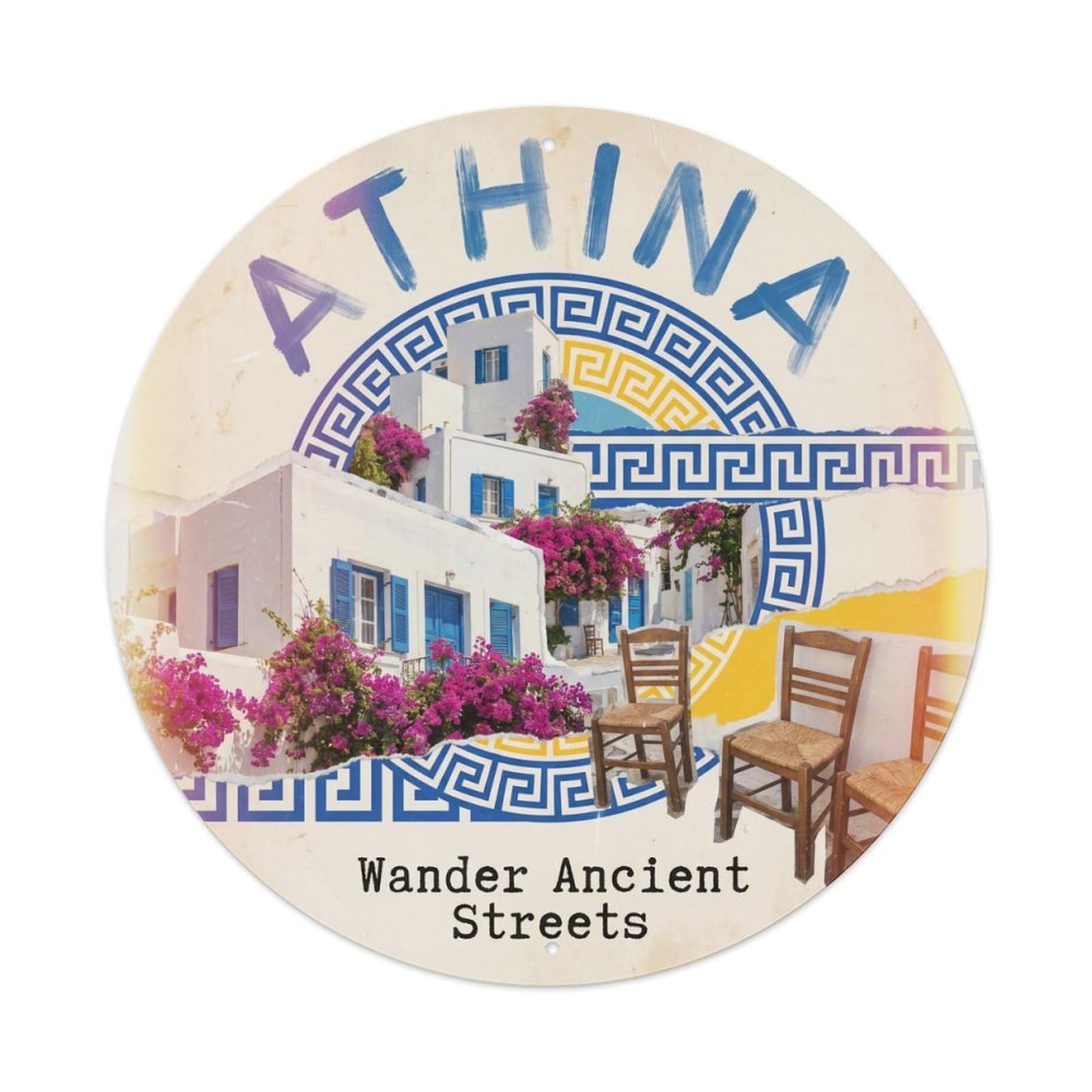 Vintage Travel Oldtown Greece Vintage Metal Tin Sign Plaque Wall Decor for Cafe, Club, Garden Round Metal Poster 8x8Inch