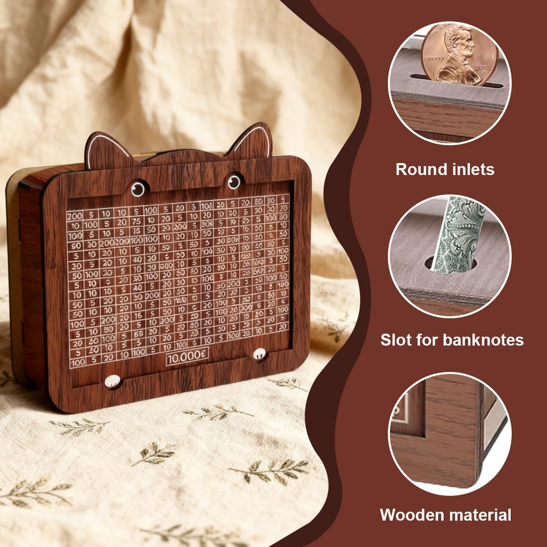 Retro Wooden Money Box with Reusable Marker Pen with Saving Target and Numbers to Mark Helps Children Learn to Save Money - 4