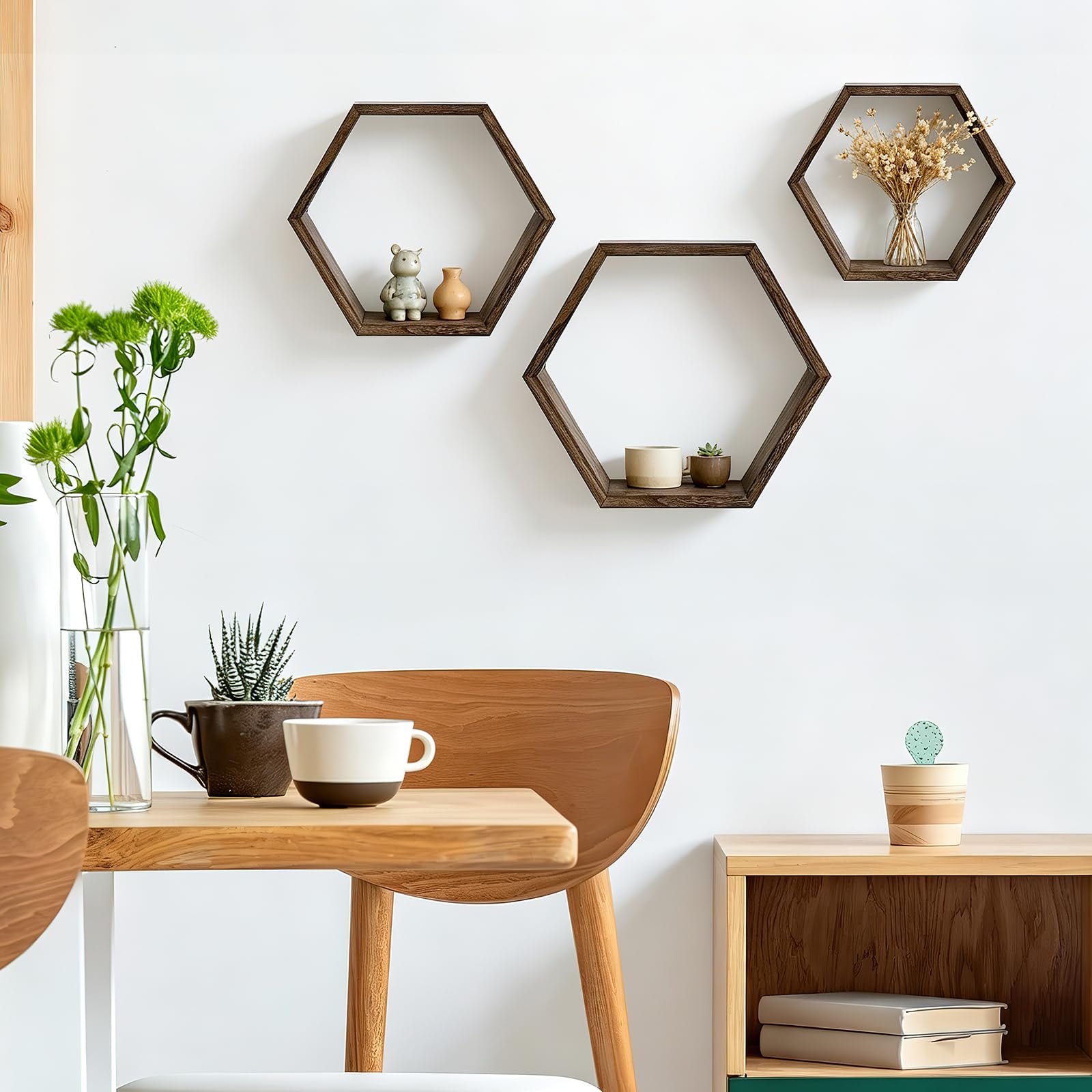 Wandregale Holz 6er Set Hexagon Schwebendes Regale für Deko, Bücher, Aufbewahrung und Organisation, Rustikale Wand Regal Wanddeko Wandregal Schwebend für Wohnzimmer & Schlafzimmer Wände