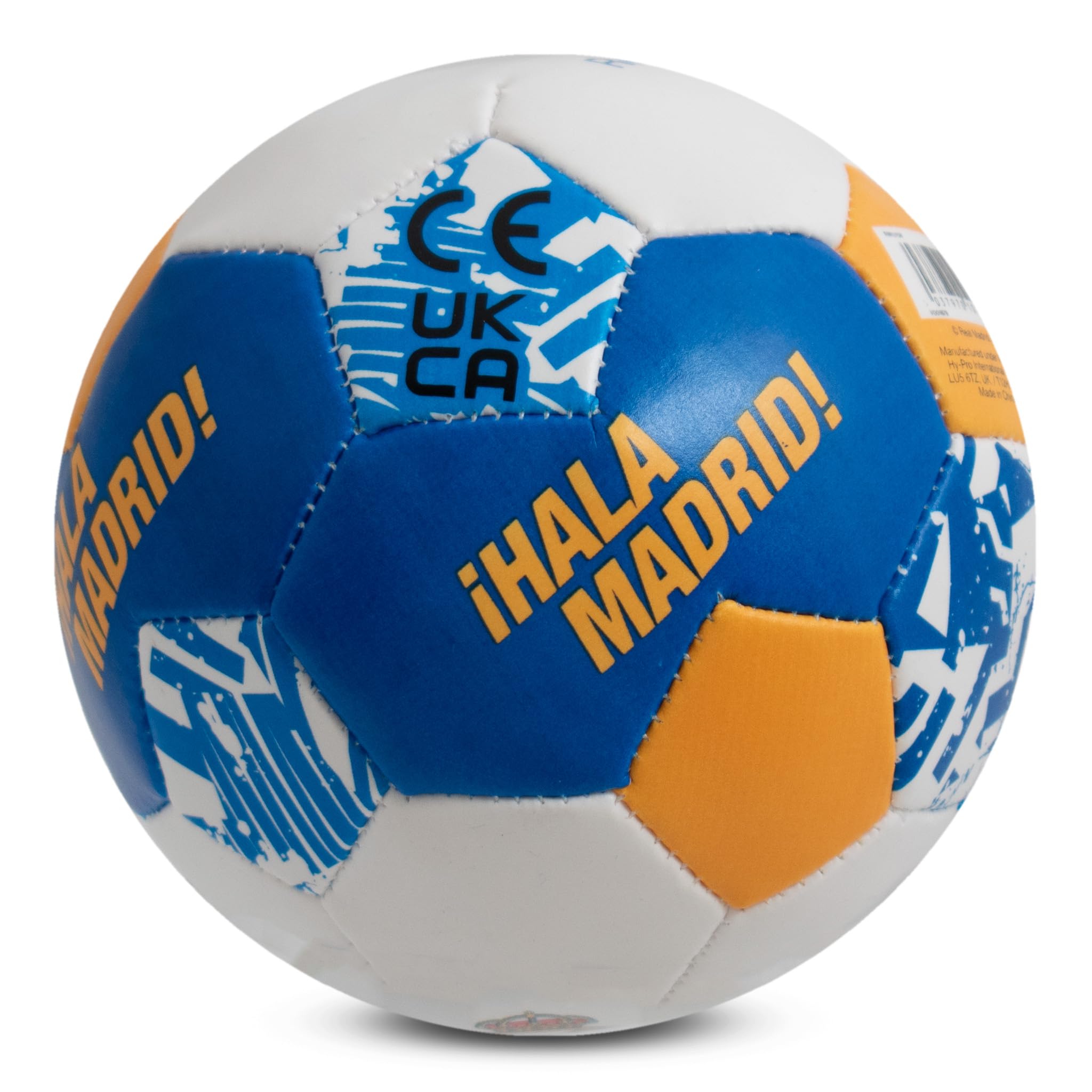 Hy-Pro Mini balle souple sous licence officielle Real Madrid CF 10,2 cm – Idéal pour les enfants, produit Real Madrid, excellente idée cadeau, blanc et bleu