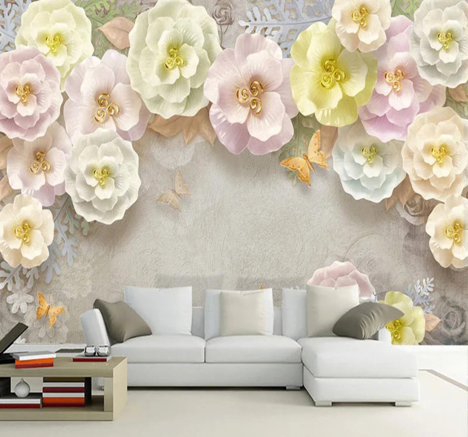 Tzxztt Elegant Relief Colourful Roses Butterflies Modern 3D Wallpaper Premium Textured Silk Neutral Tones Material Ideal for Living Room Bedroom-350cm×256cm