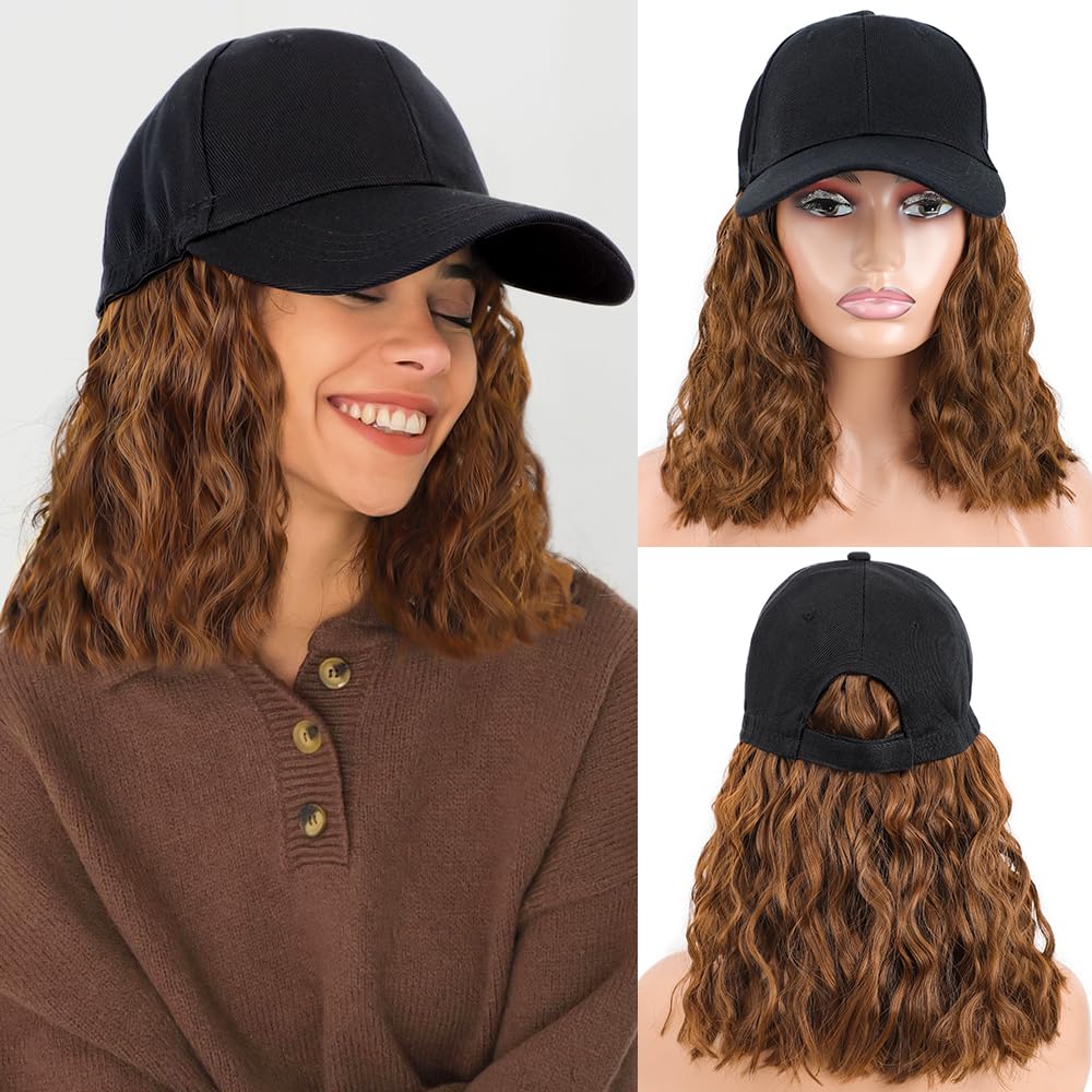 CHRSHN Short Wave Baseball Cap Wig with Curly Hair Extension Synthetic Wave Wig Hat for Women Adjustable Brown Black Baseball Hat Wigs (Light Brown#)