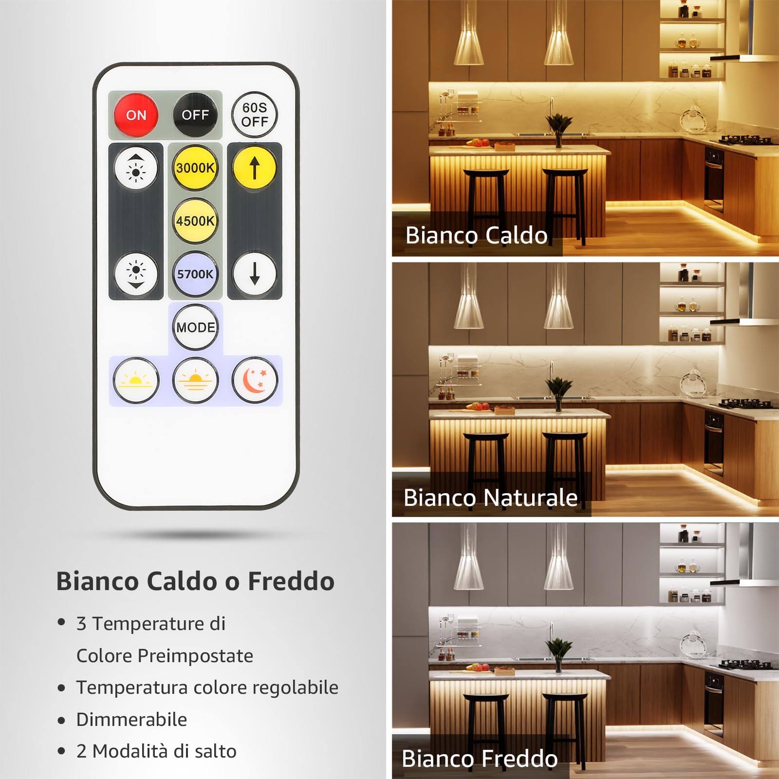 Lepro Striscia LED 5M,3000K-6000K/Bianco Caldo e Freddo Dimmerabile,Strisce 300 LED SMD 2835,3 Modalità e Telecomando,12V Flessibile Striscia LED per Cucina,Soggiorno,Halloween,Natale