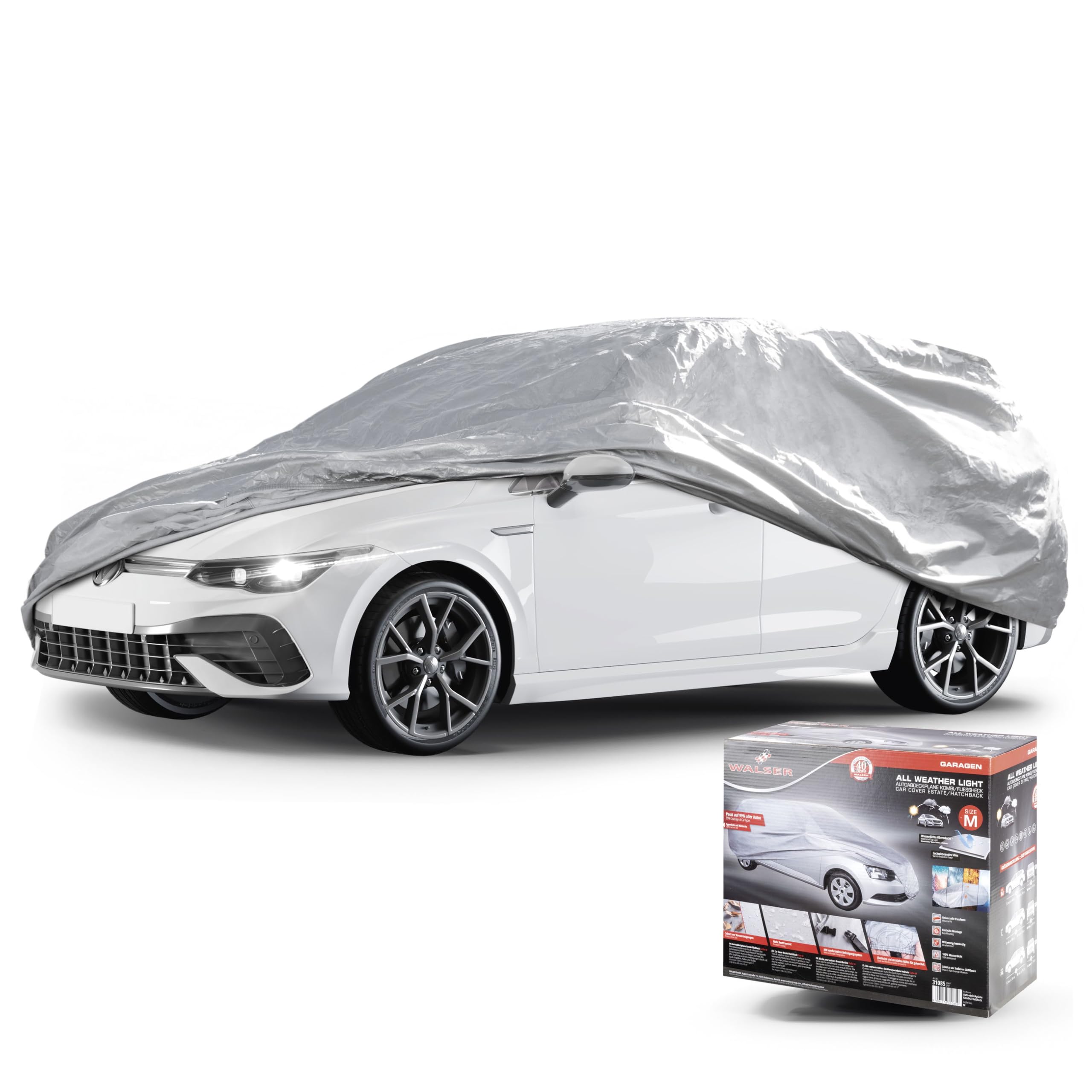 WALSER Funda de Coche All Weather Light Full Garage Combi Talla M Gris Claro, a Prueba de Polvo con protección UV, fijación de Correa Reforzada