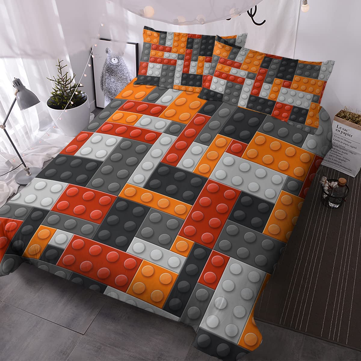 BlessLivingBoys Single Size Bedding Set Colorful Toy Duvet Cover Set 3 Piece Plastic Construction Blocks Pattern Comforter Cover Set Black Grey Orange for Teens Kids Boys Girls (Single)