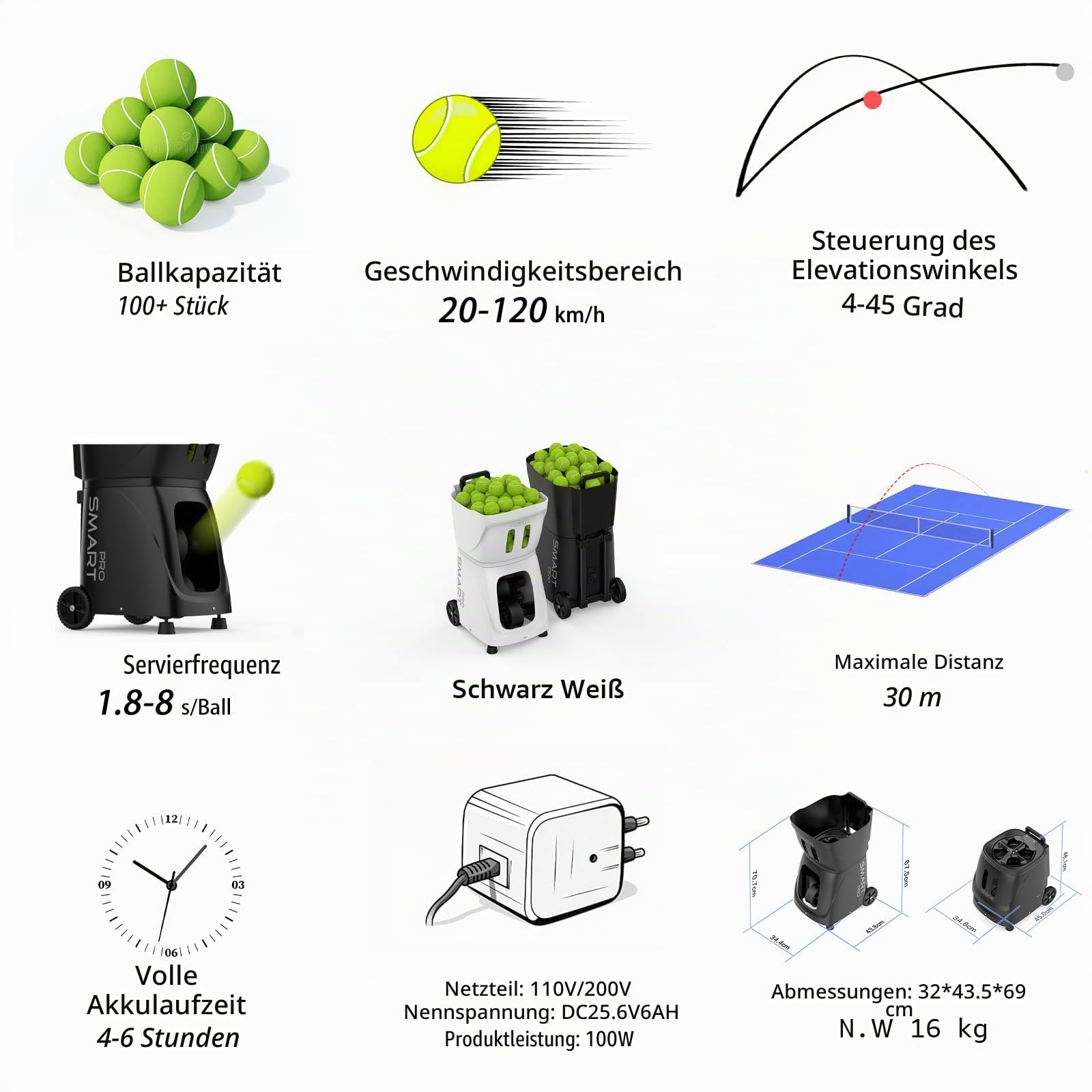 PT-Smart Pro Tennis- und Ballmaschine mit Fernbedienung, automatischer Anlasser, 12-75 km/h, Trainingsgerät mit Schleuder, Trainingsmaschine, über 100 Bälle (schwarz)