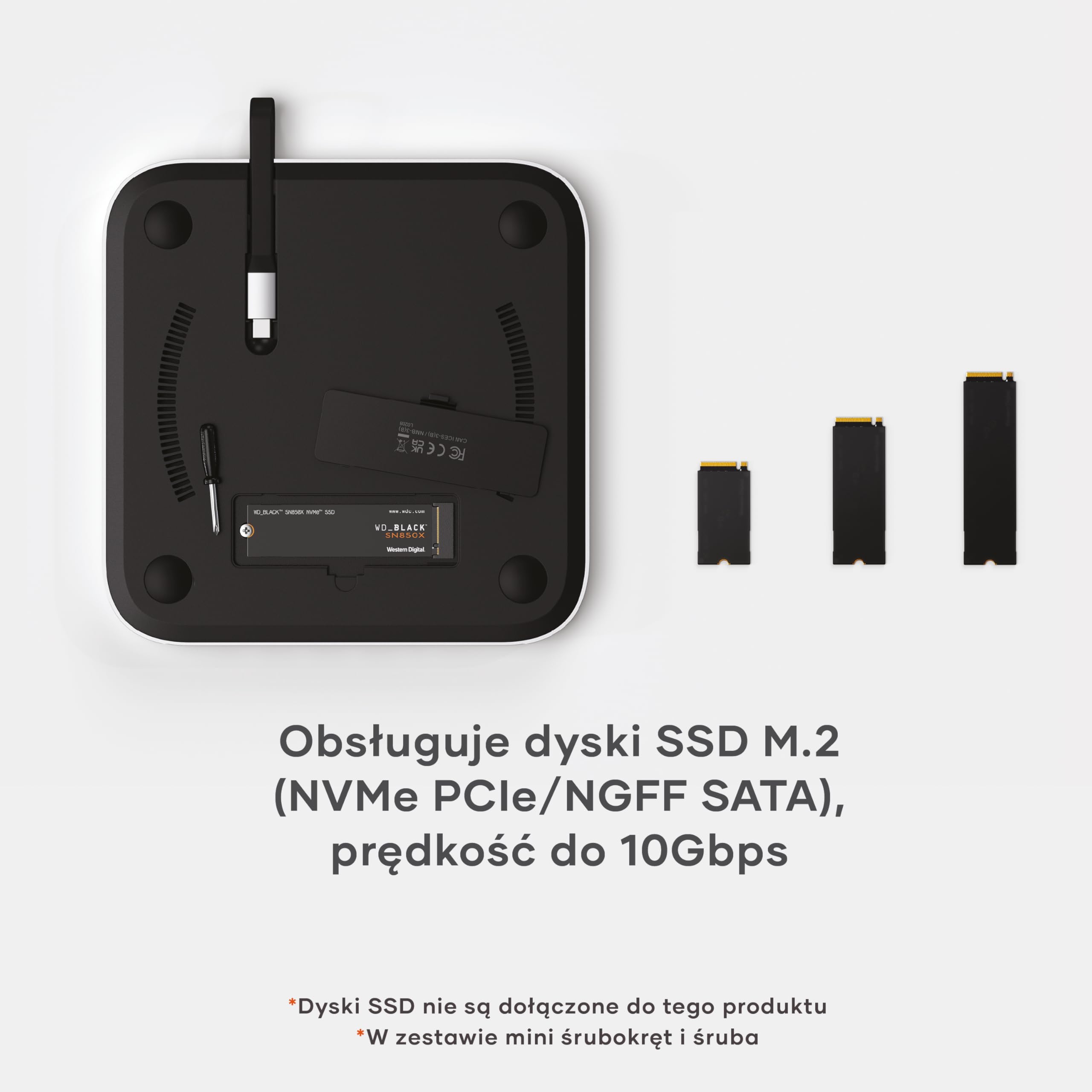 SATECHI Hub i stojak Mac Mini z obudową SSD dla NVME/SATA M.2, dock Mac Mini z USB-C 10 Gbps, 3×USB-A 5/10 Gbps, gniazdo 2.0, dla Mac Mini M2/M1, Mac Studio – Srebrny