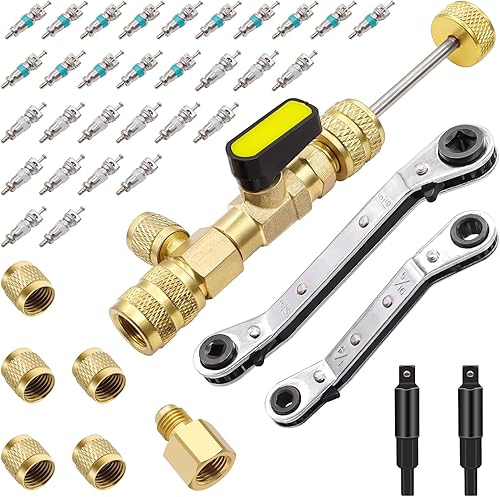 TWTADE Herramienta de instalación de removedor de núcleo de válvula y kit de llave de servicio HVAC con 2 adaptadores de broca hexagonal, puerto SAE