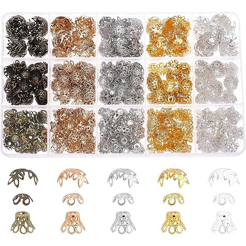 SUPERFINDINGS 875Pcs 3 Styles Iron Flower Bead Caps 5 Colors Filigree Bead End Caps Tibetan Style Metal Beads Spacers for Bracelet Necklace Jewelry Making - Multicolored