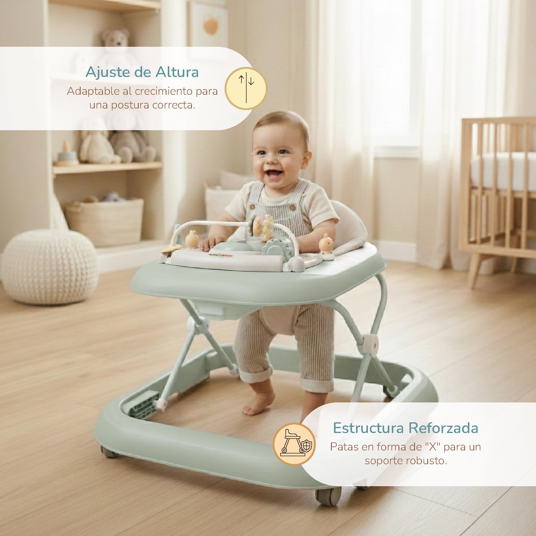 Buddy Baby Funny - Andador Bebe con Base Antivuelco - Incluye Bandeja De Sonidos Y Juegos (Verde)