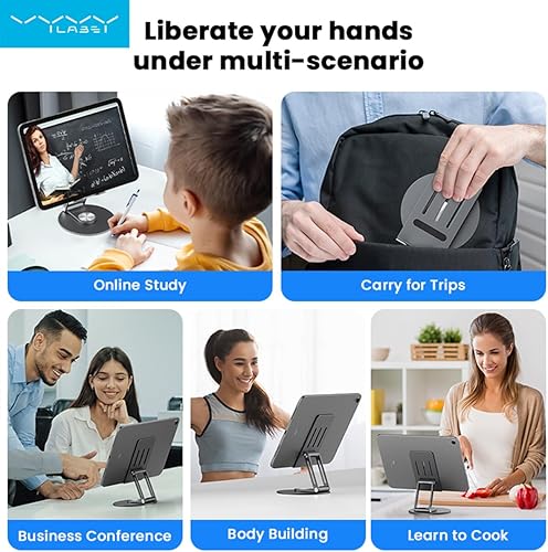 Miniatura 7 de vyvylabs Soporte para tableta ajustable, estructura de doble eje con base giratoria de 360, soporte ajustable plegable para dibujo, compatible con