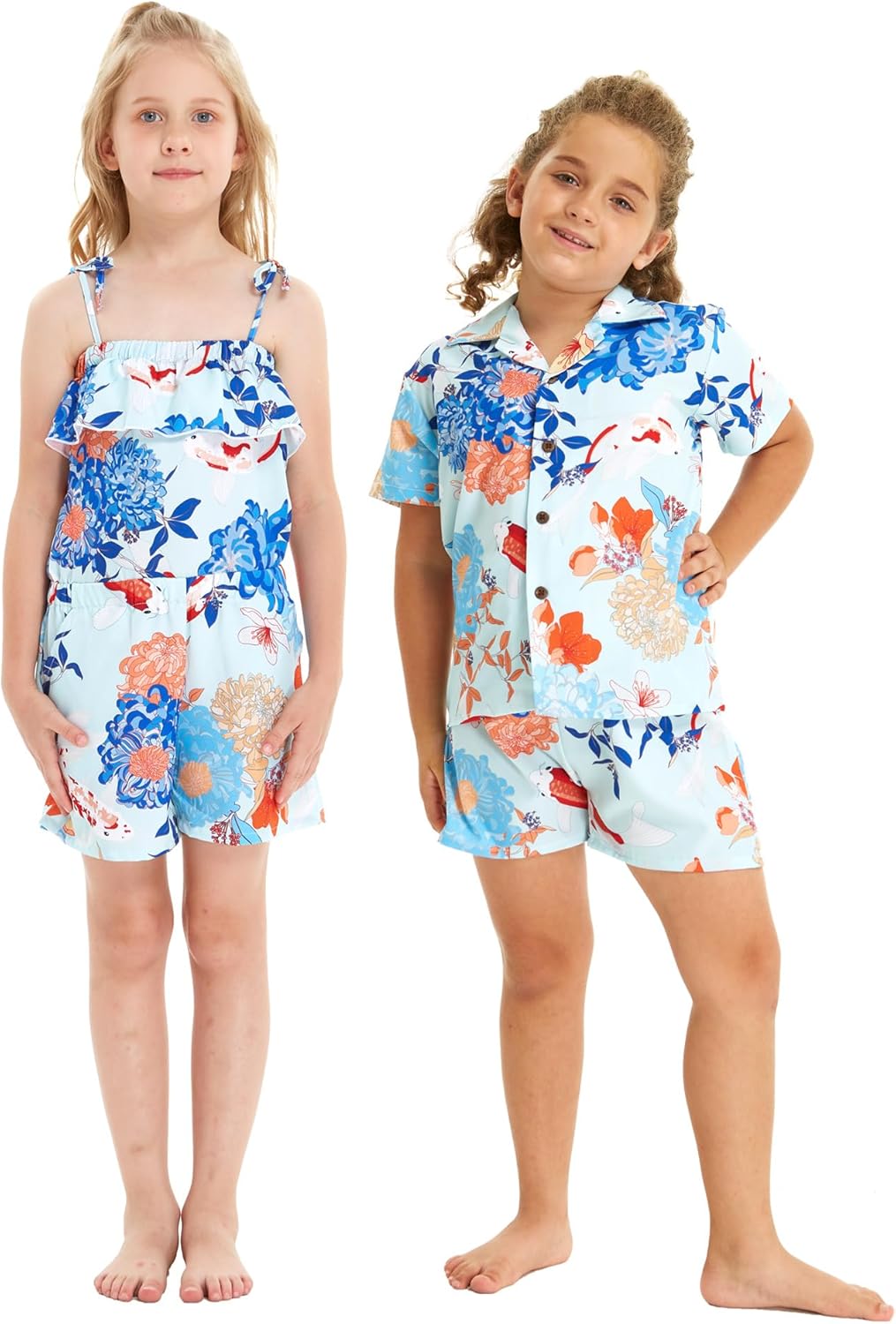Matching Hawaiian Luau Sibling Boy Girl Romper Jumpsuit Aloha Shirt in Flowering Koi Blue