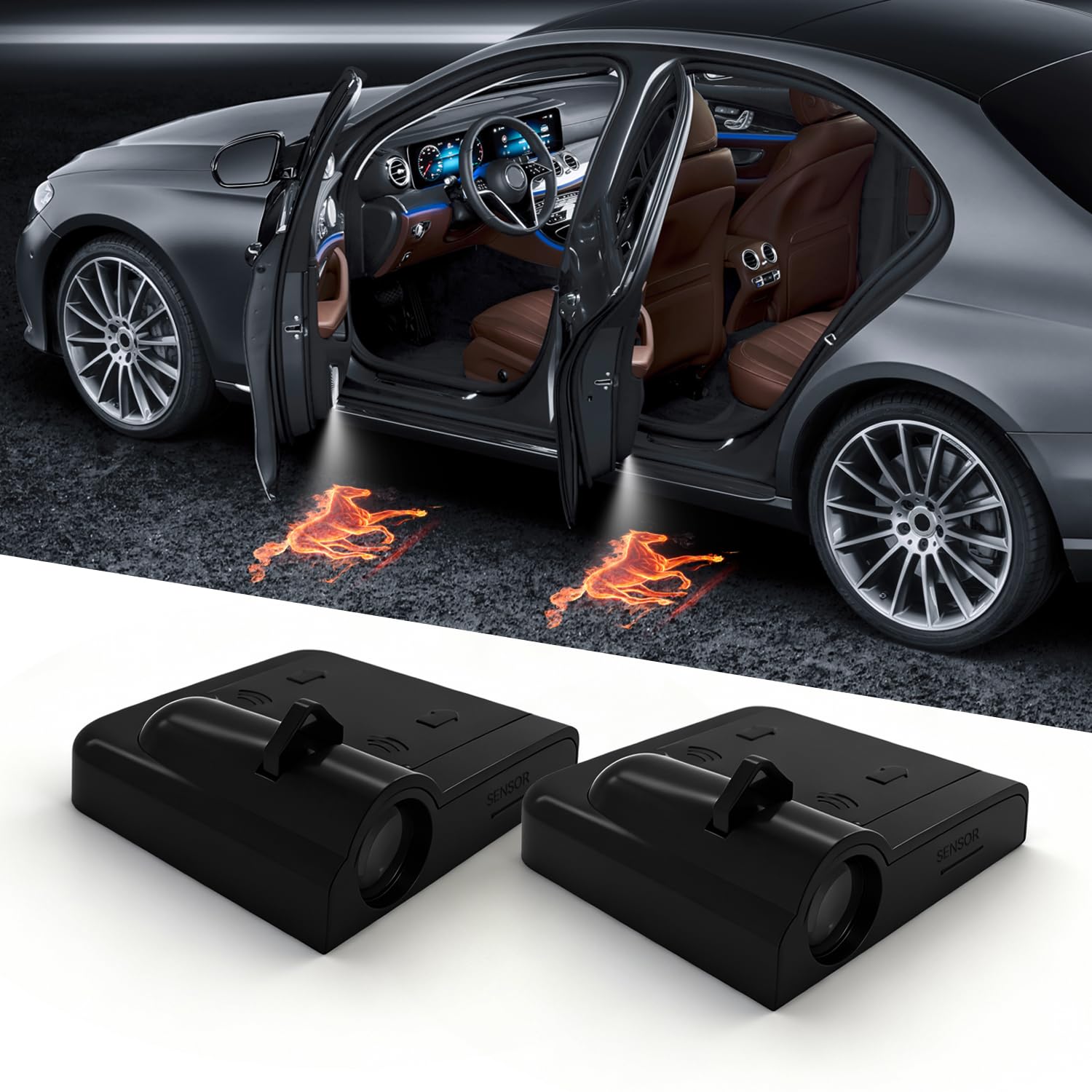 Car Door Lights Logo Projector, 2PCS Car Door Projector Lights Welcome Courtesy Ghost Shadow Lamp Fit for All Car Models (Fire Horse)