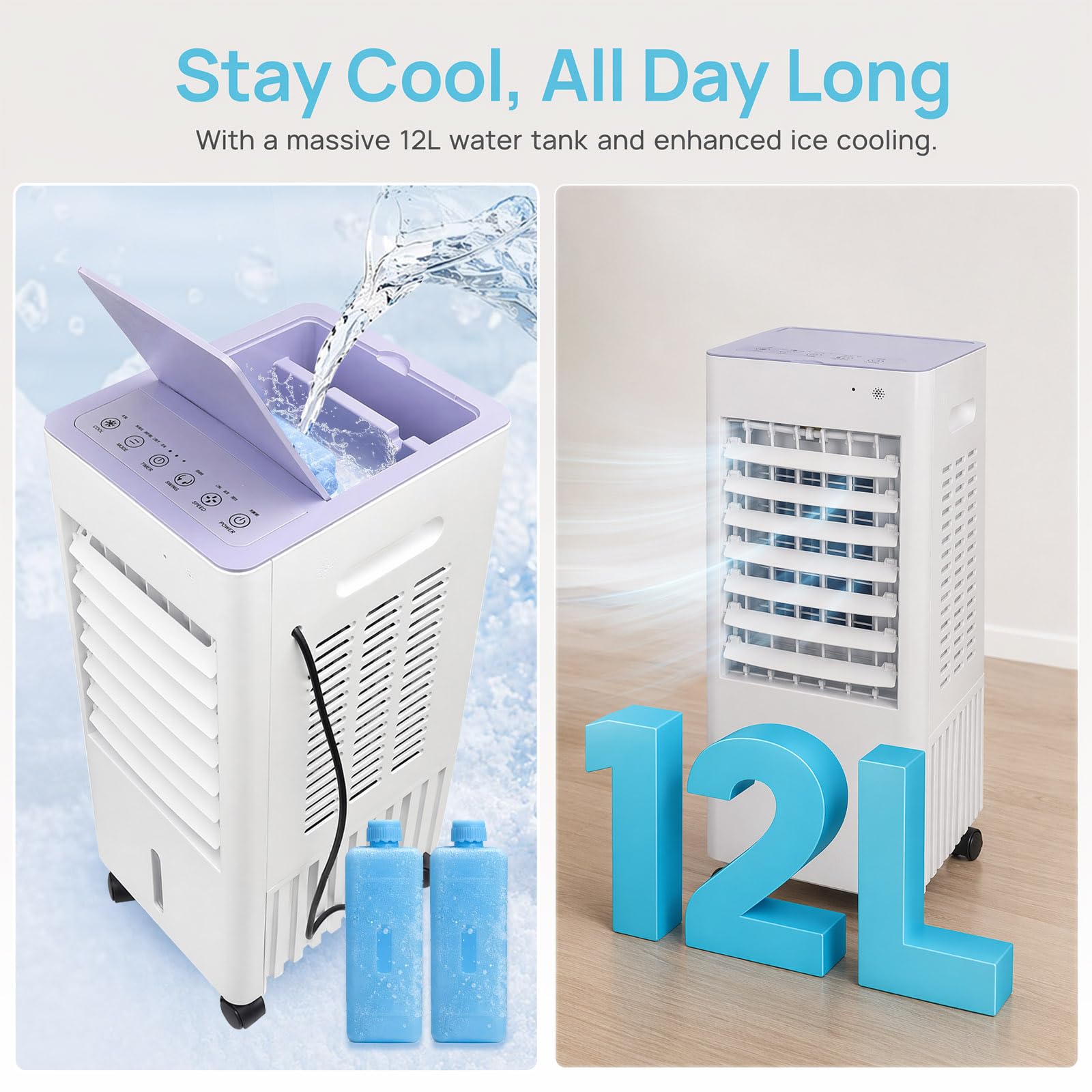 Rafraîchisseur d'air 4-en-1 Mobile sans Tuyau d'évacuation, Réservoir 12L avec 2 Blocs de Glace, Climatiseur Portable, Humidificateur, Purificateur, Télécommande, Minuterie 7.5h