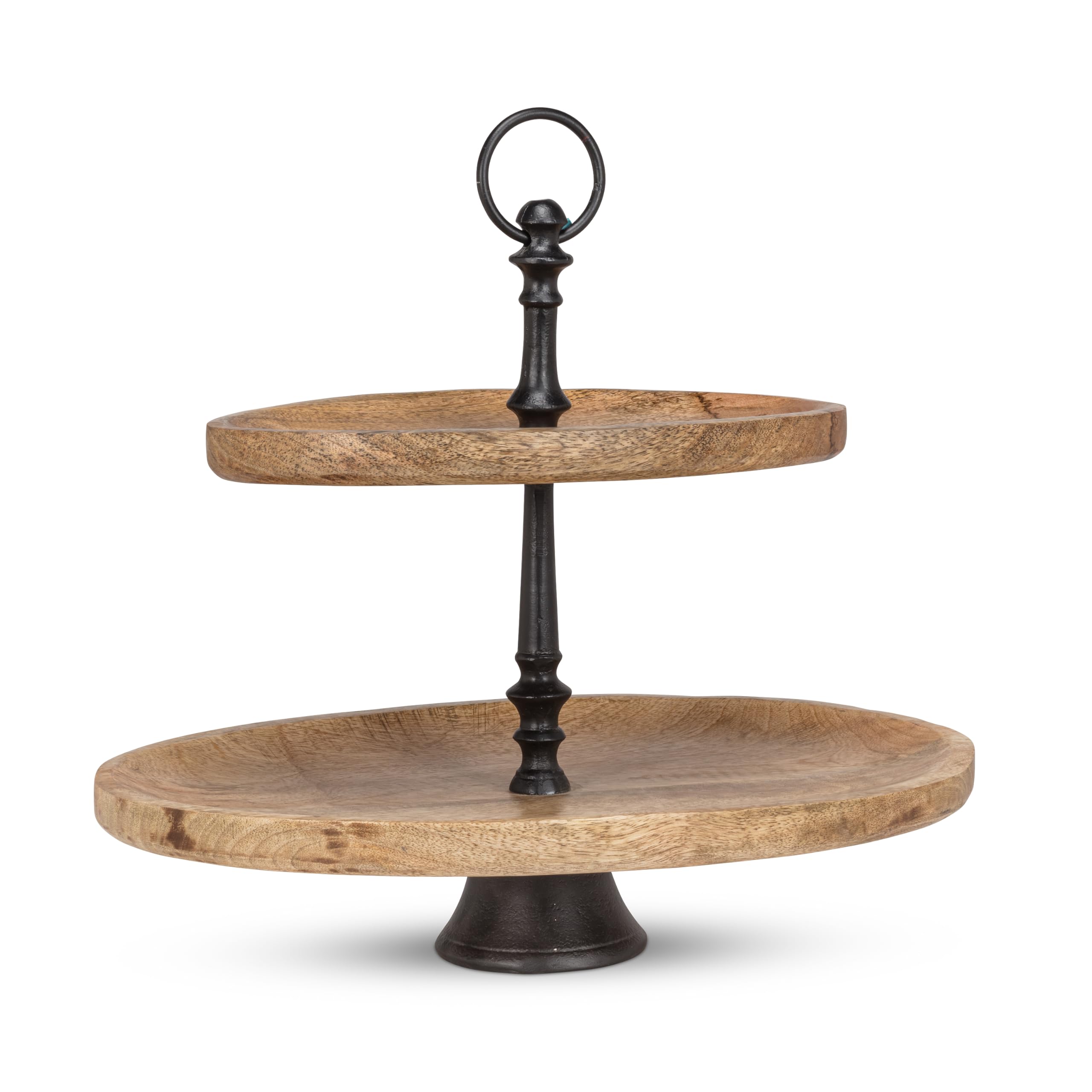 Assiette Ovale à 2 Niveaux présentoir en bois de manguier et métal argenté 35,6 cm