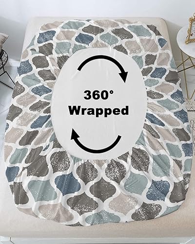 Miniatura 4 de Juego de sábanas bajeras para cama de tamaño Queen, diseño vintage marroquí retro a cuadros, sábanas de 3 piezas, sábanas de bolsillo profundo para